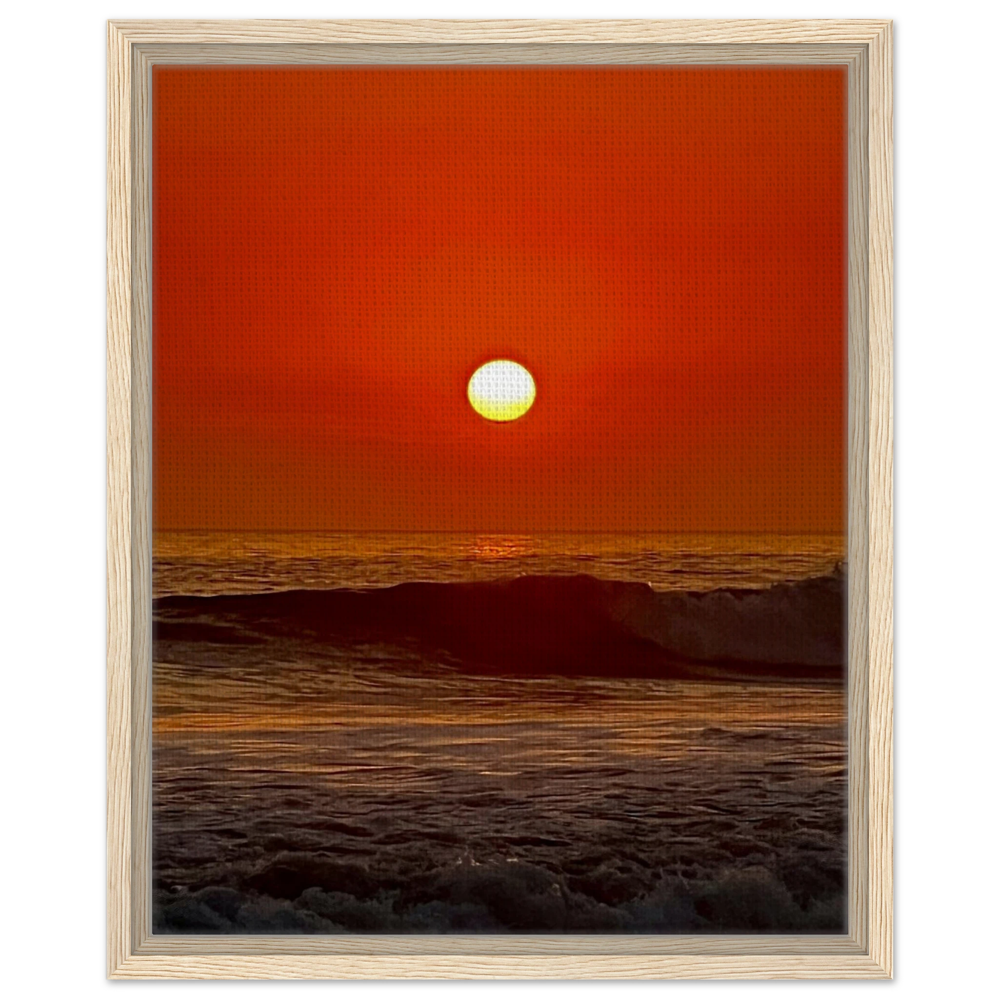 California Red Sunset framed canvas wall art by CaliCuration featuring a vibrant sunset scene on coastal-inspired print material.