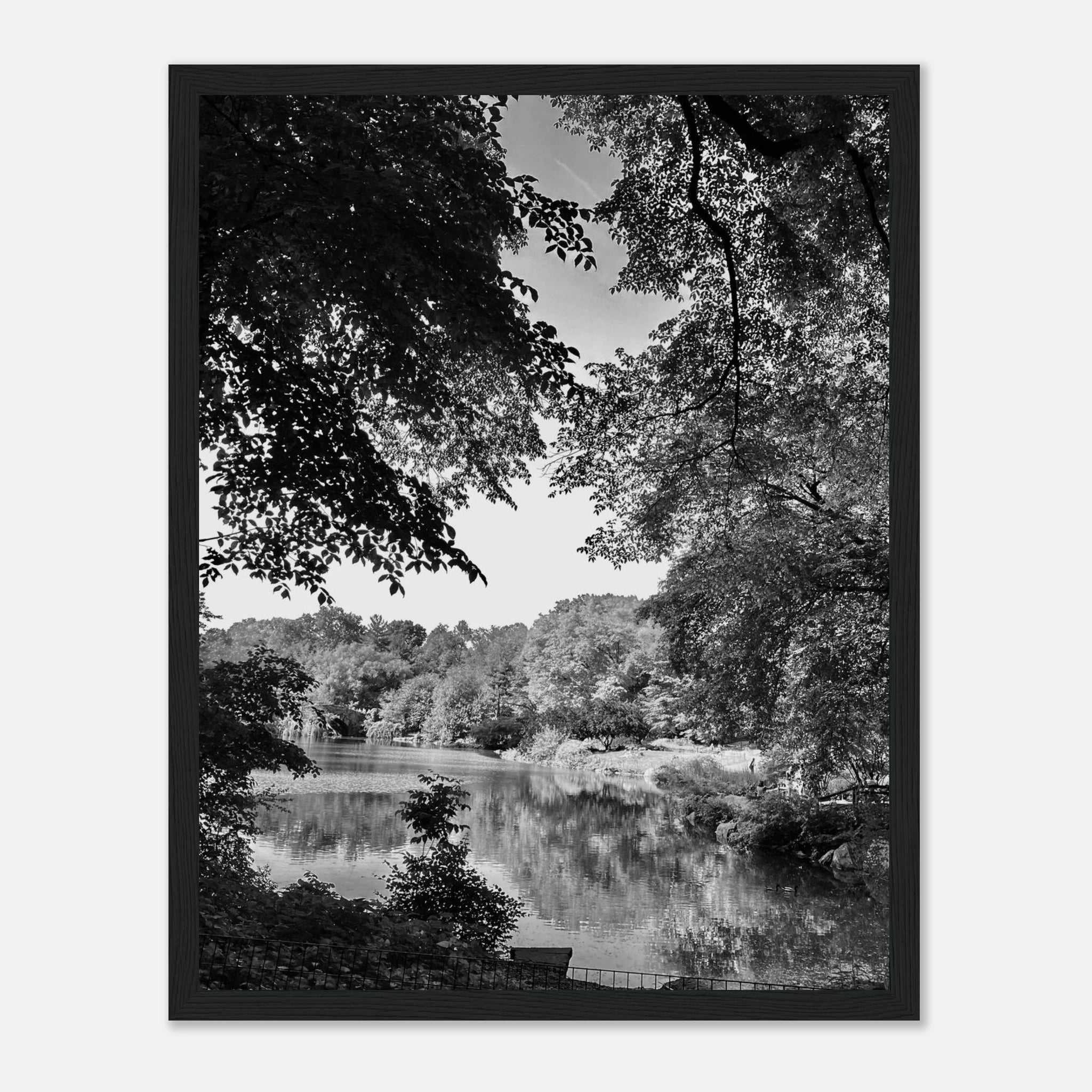 Black and white framed poster of a summer lake scene in Upstate NY, part of the Studio Edition Travel Collection.