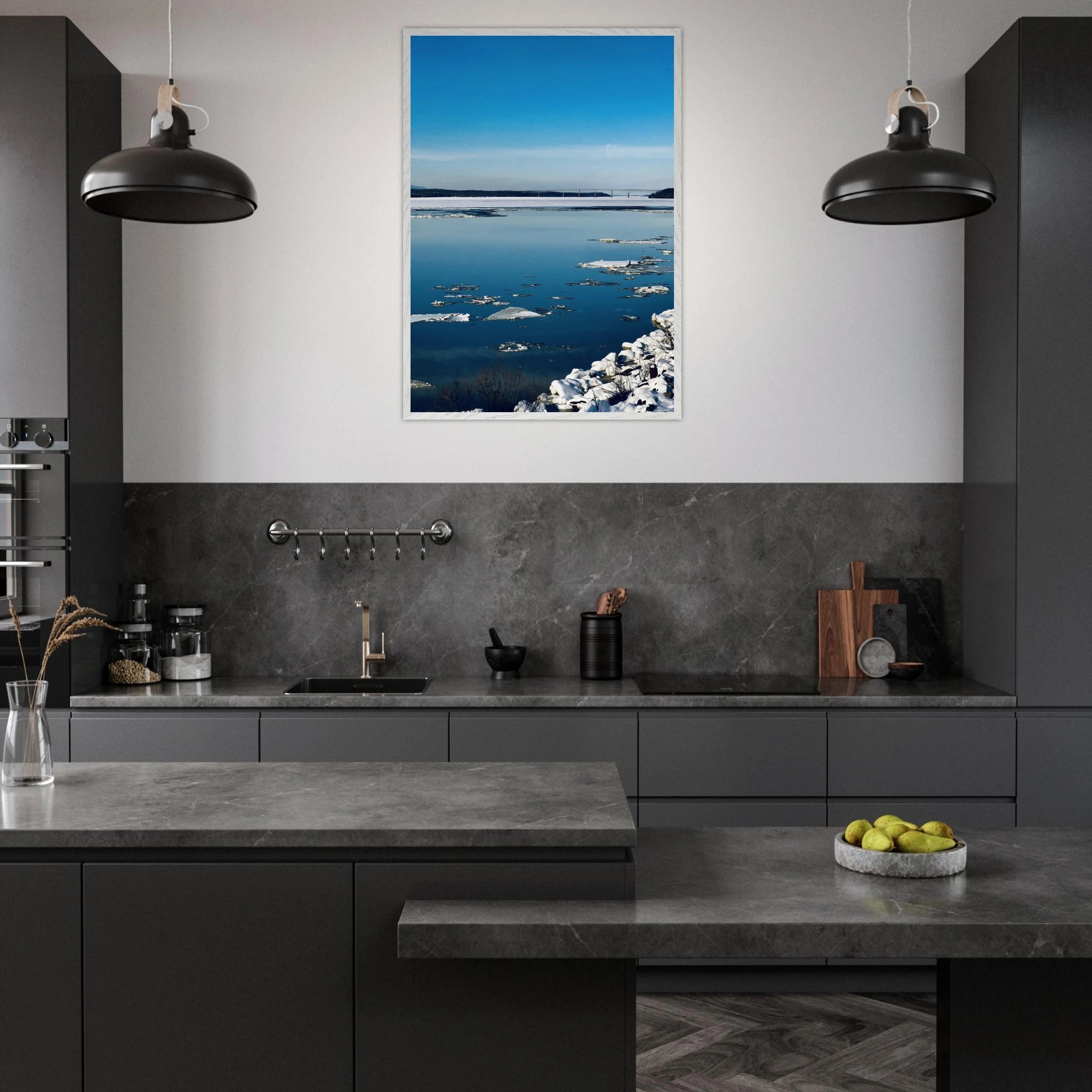 Wooden framed Hudson Valley winter poster print from the Travel Collection, featuring snowy landscape and holiday-inspired design.