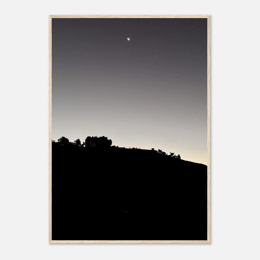 Black and white Hollywood Hills poster print with a wooden frame, featuring a fall new moon scene from the California series.