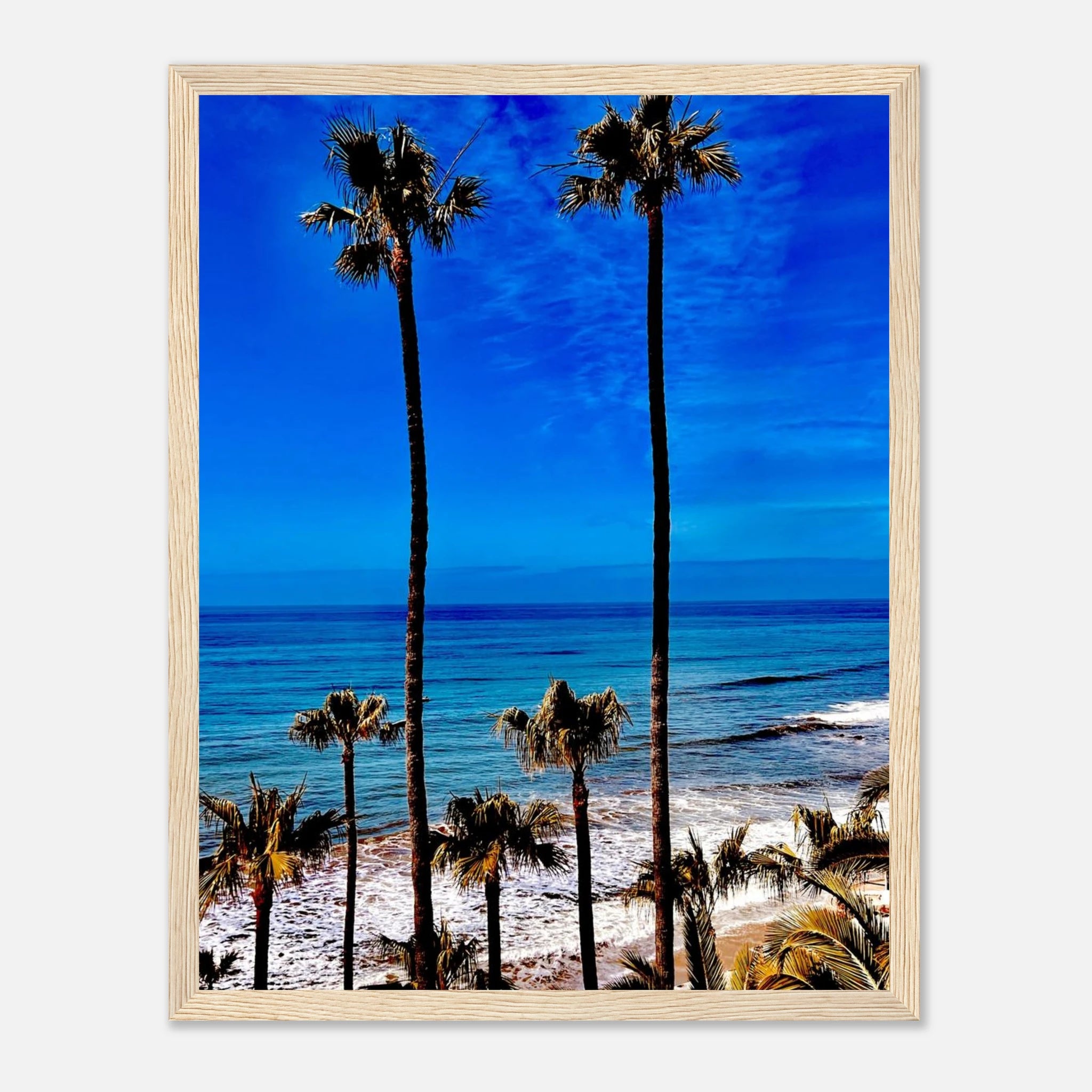 Malibu Palm Tree Family framed poster by CaliCuration featuring California art print with vibrant spring colors and detailed palm tree scene.