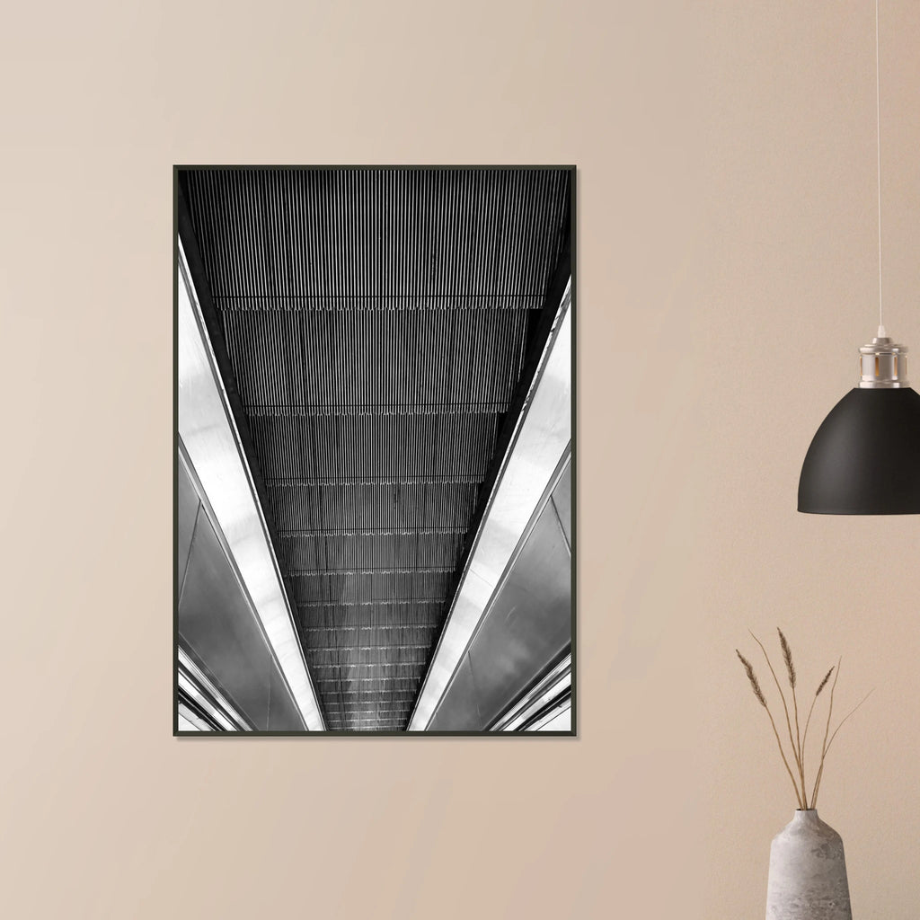 Black and white framed print of London Tube escalator abstract art from the Studio Edition travel collection.