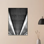 Black and white framed print of London Tube escalator abstract art from the Studio Edition travel collection.