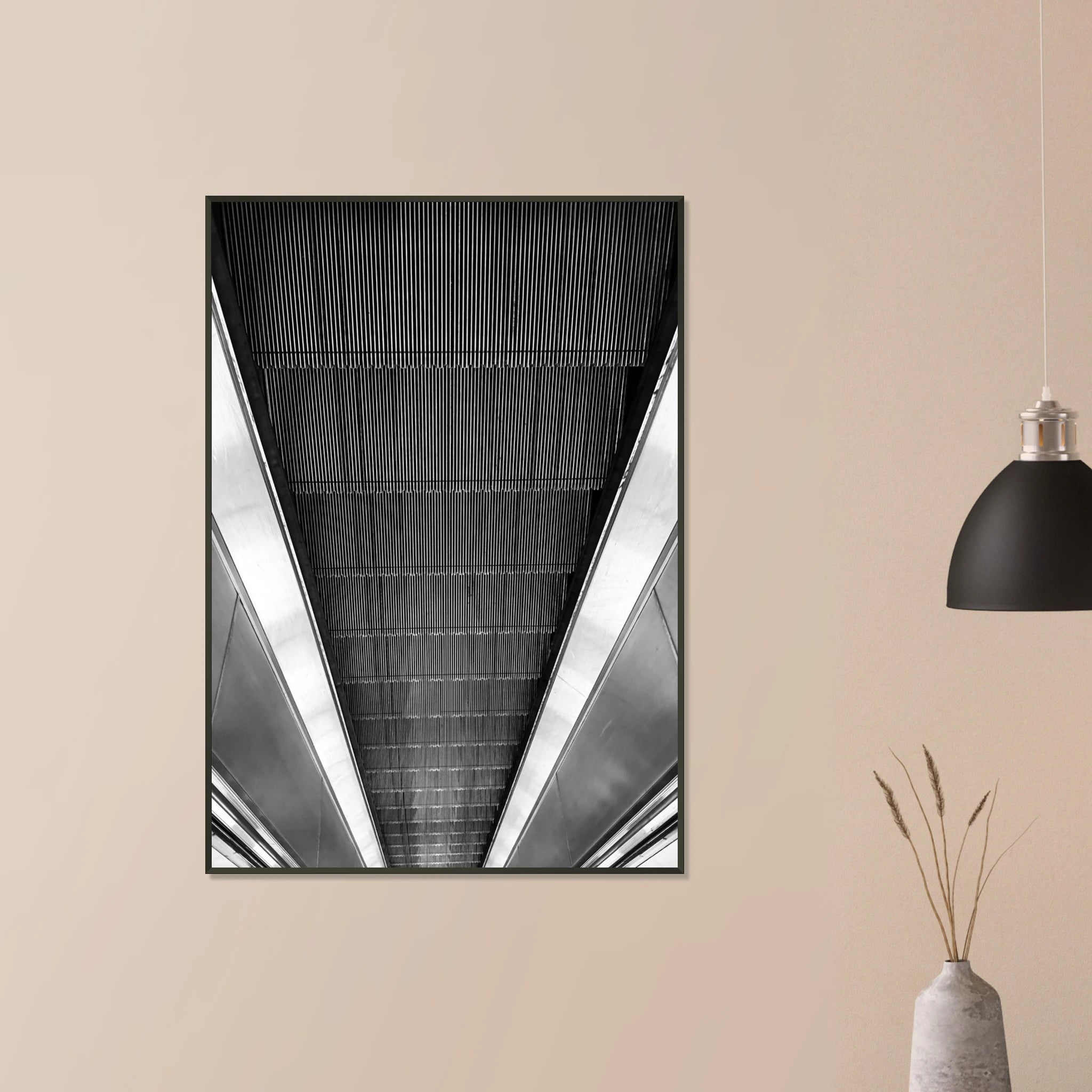 Black and white framed print of London Tube escalator abstract art from the Studio Edition travel collection.