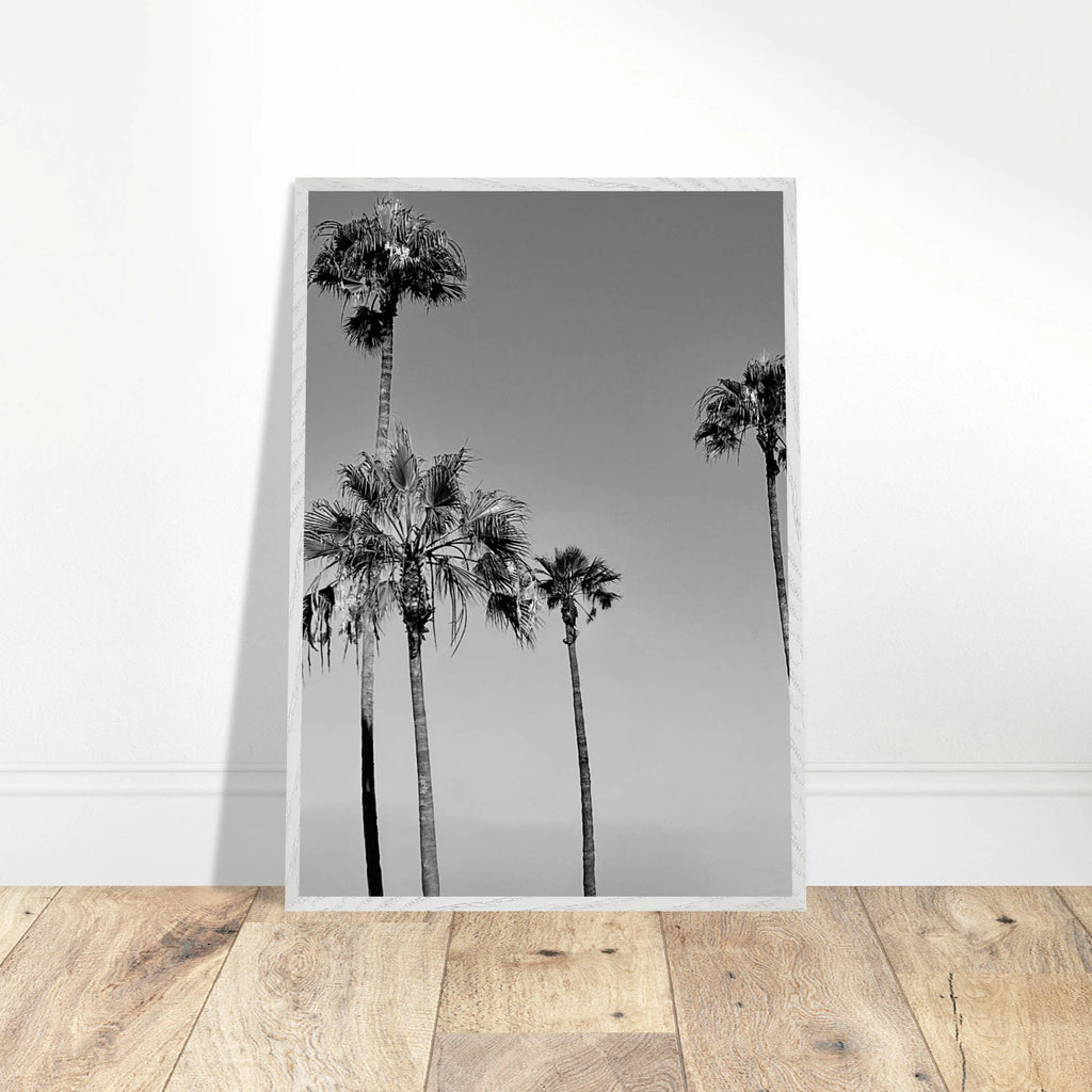 Premium wooden framed black and white California beach icons poster art in a semi-glossy finish.