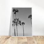 Premium wooden framed black and white California beach icons poster art in a semi-glossy finish.