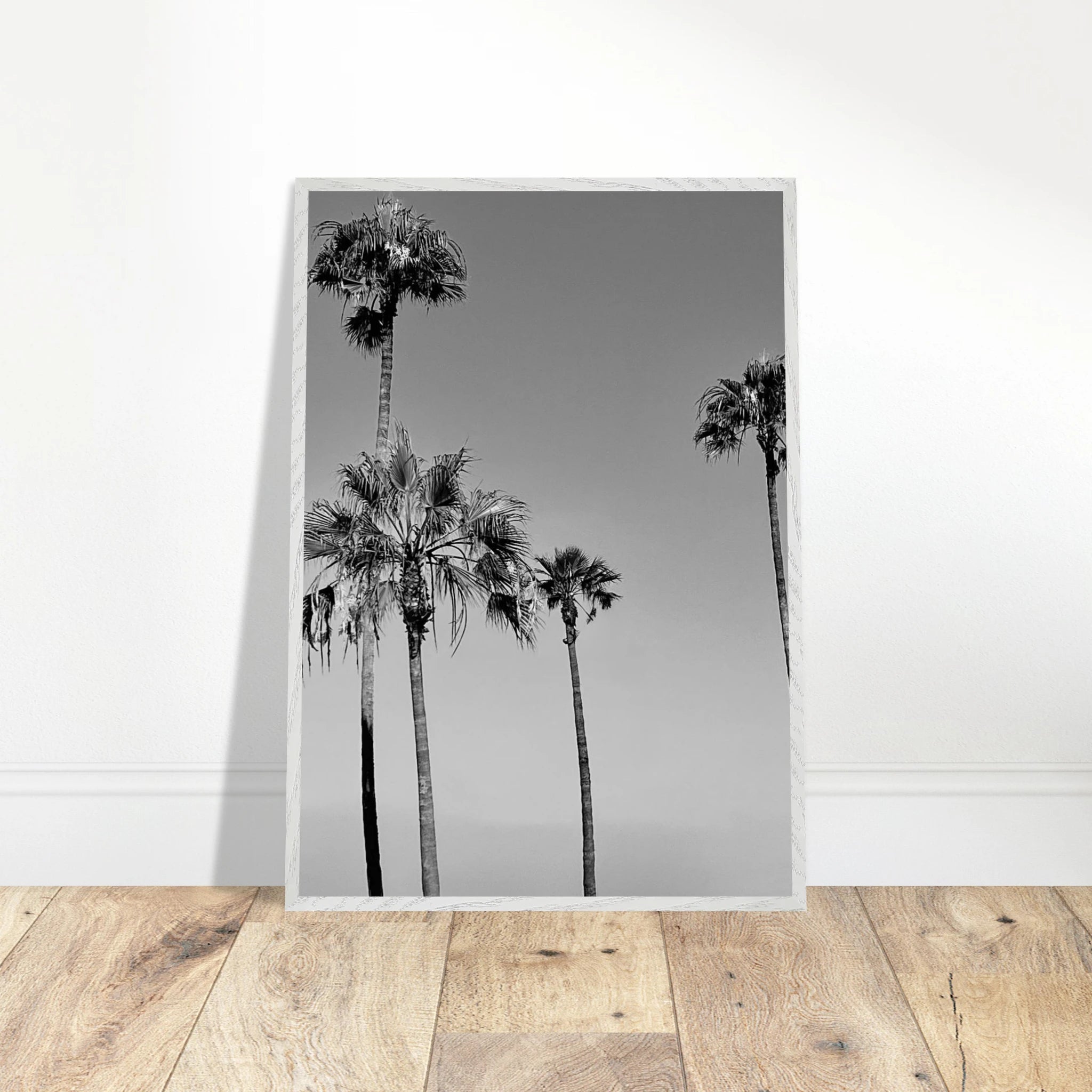 Premium wooden framed black and white California beach icons poster art in a semi-glossy finish.