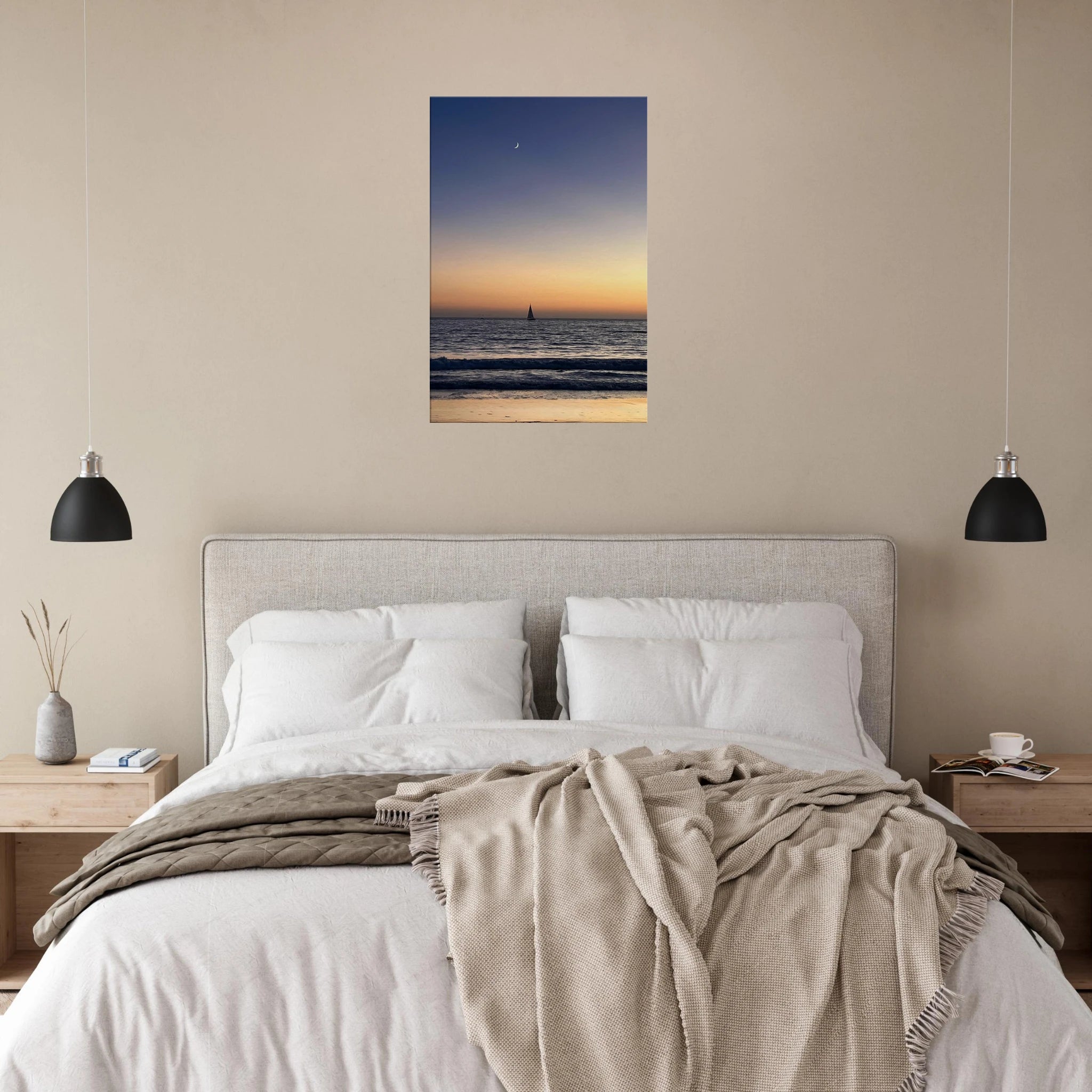 California canvas print featuring a SoCal fall sunset with a new moon, showcasing vibrant colors and artistic design.