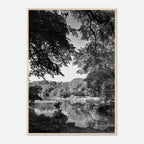 Black and white framed print of a summer lake scene in Upstate NY from the Studio Edition Travel Collection, holiday 25 series.