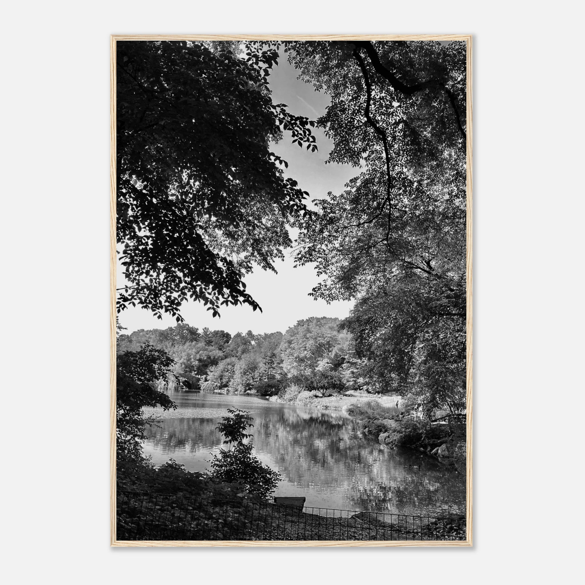 Black and white framed print of a summer lake scene in Upstate NY from the Studio Edition Travel Collection, holiday 25 series.