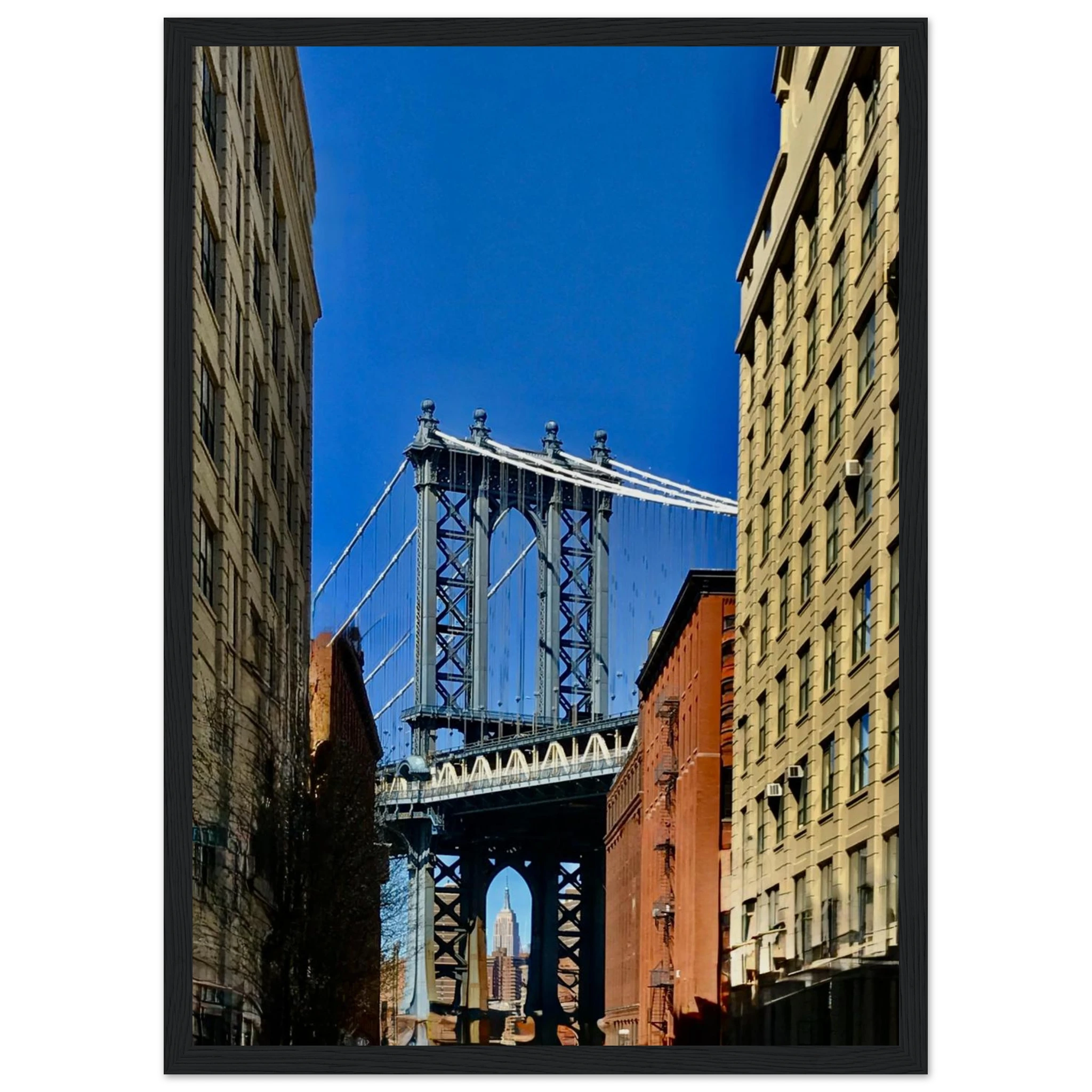 NYC Dumbo skyline wooden framed print by CaliCuration, wall art featuring the Spring Day Travel Collection, studio edition decor.