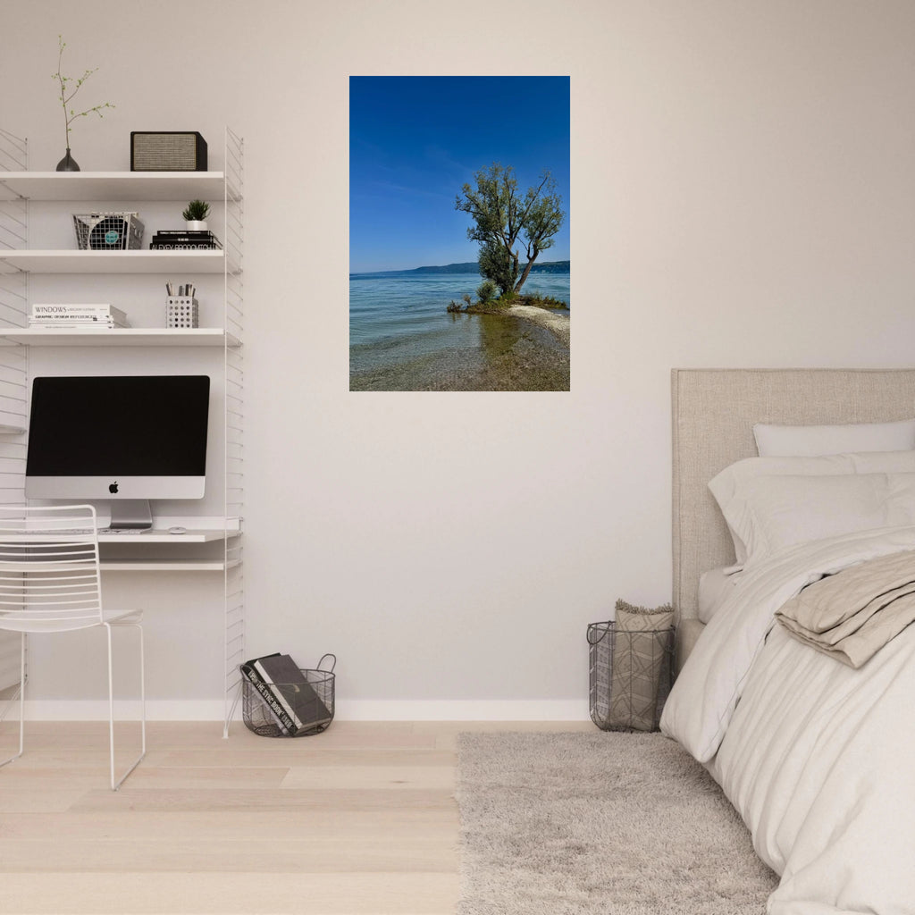Majestic tree on a European lake aluminum print, nature-inspired wall art from the Travel Collection, studio edition.