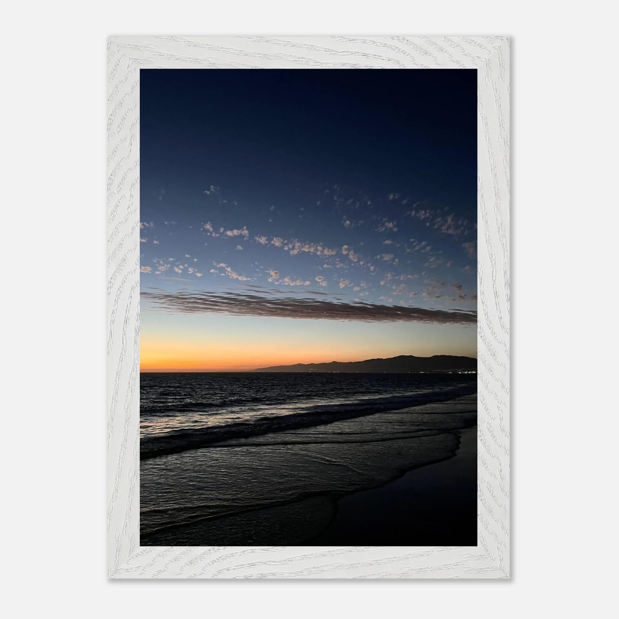 Premium wooden framed SoCal fall sunset poster with vibrant California artwork, mounted in a semi-glossy finish for home decor.