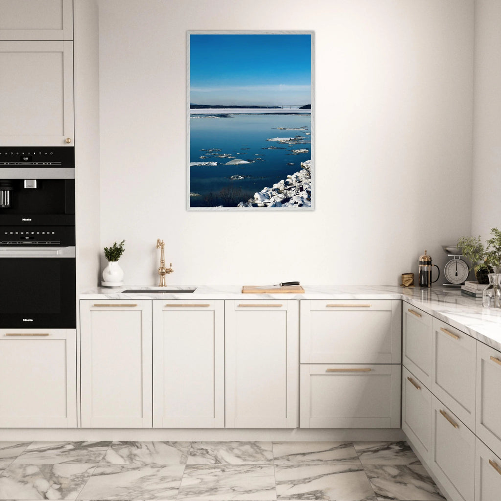 Wooden framed Hudson Valley winter poster print from the Travel Collection, showcasing snowy landscape and holiday winter scenery.