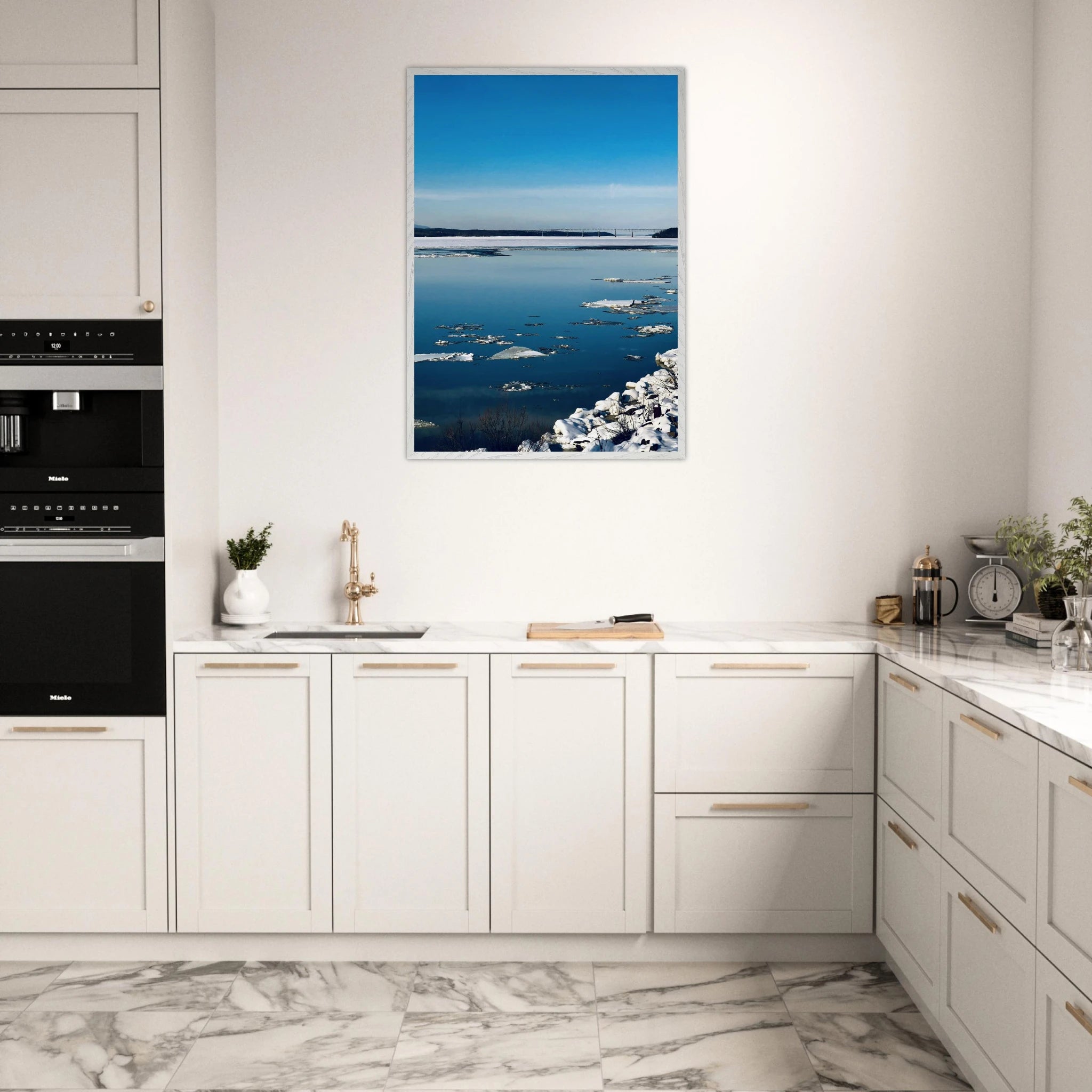 Wooden framed Hudson Valley winter poster print from the Travel Collection, showcasing snowy landscape and holiday winter scenery.