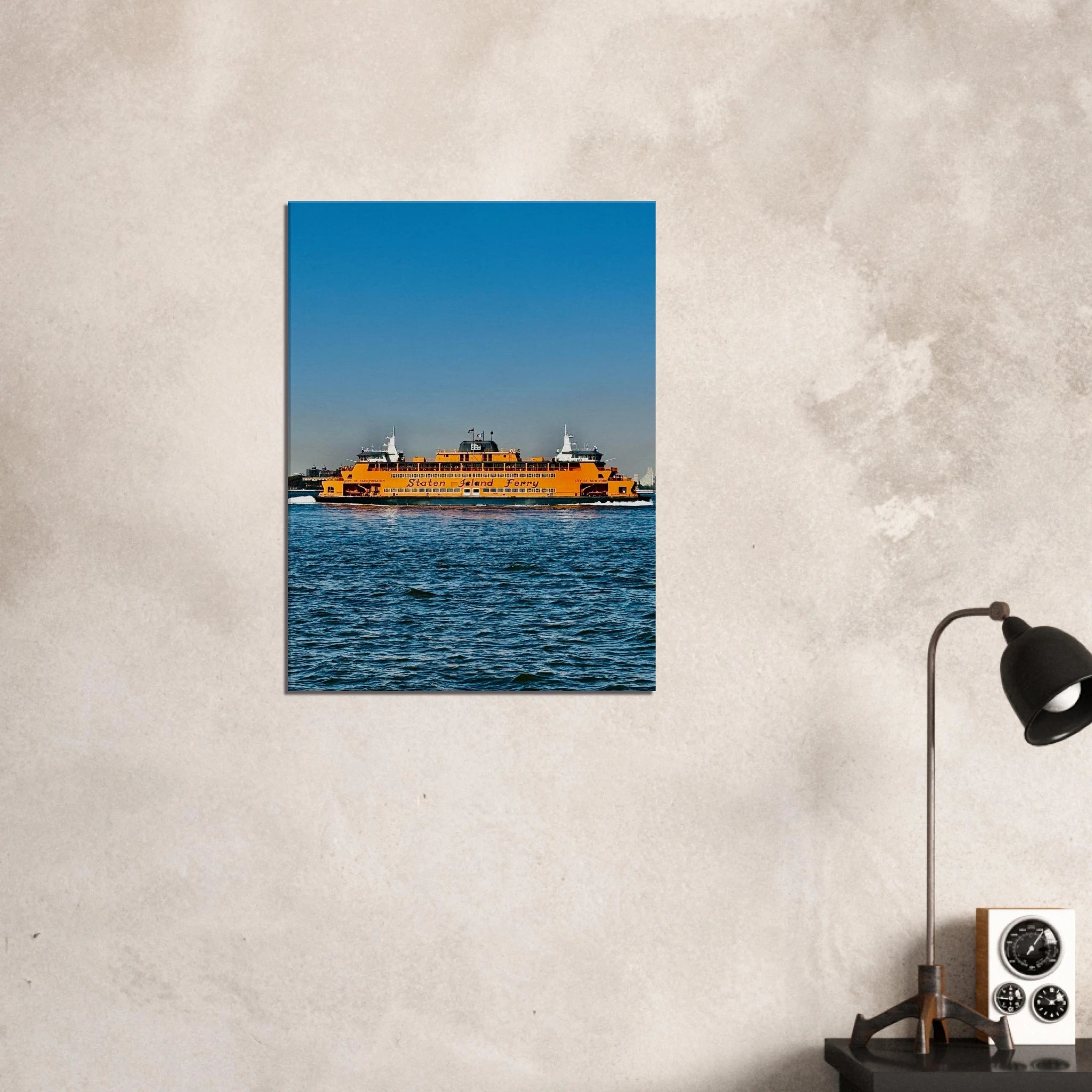 CaliCuration NYC skyline canvas print featuring the iconic Staten Island Ferry in the travel collection, studio edition.