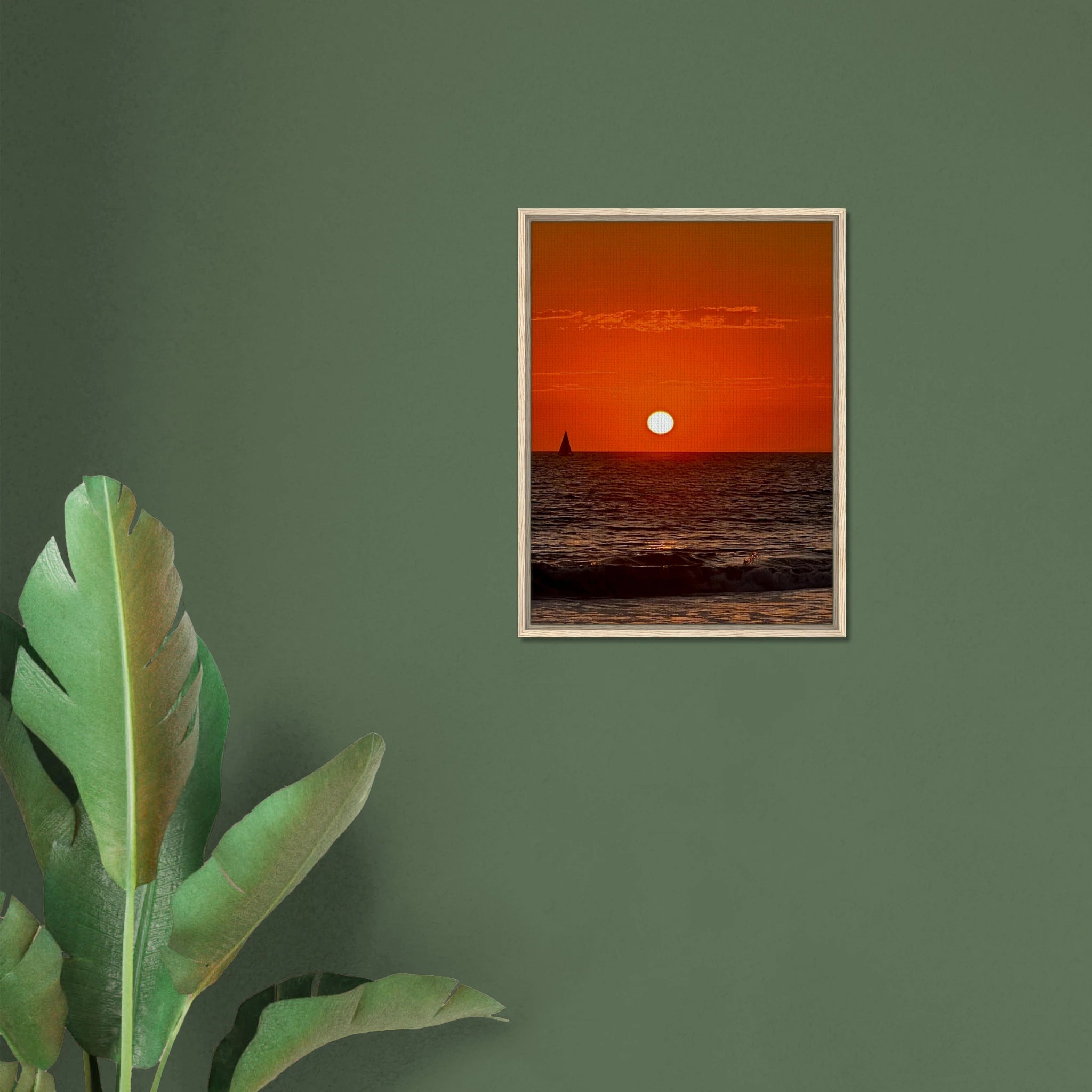 Framed canvas print of California Red Sunset Series 1/3 by CaliCuration, showcasing vibrant red and orange sunset hues.