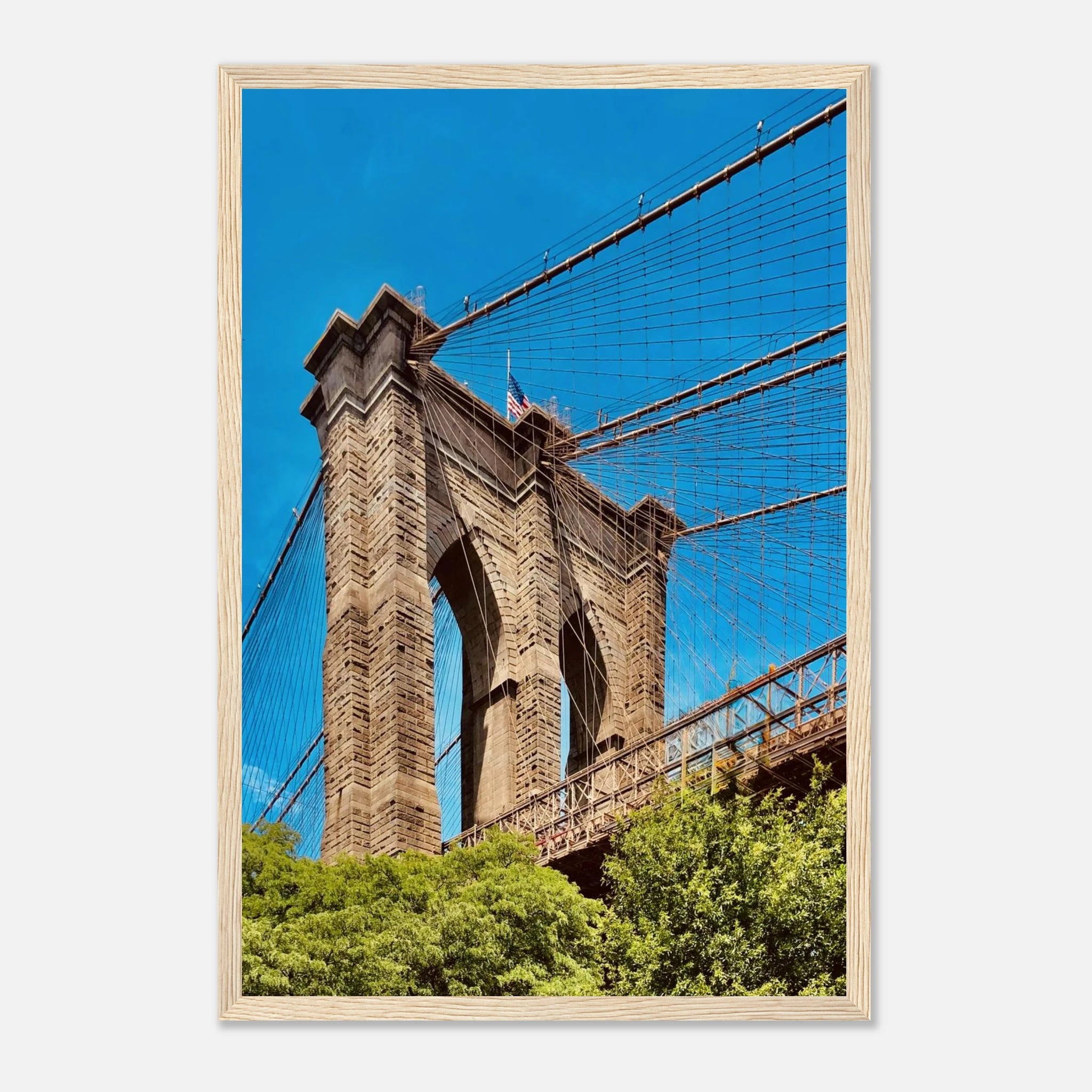 Framed NYC Brooklyn Bridge poster featuring a stunning Dumbo view, showcasing a vibrant travel collection print by My Store.