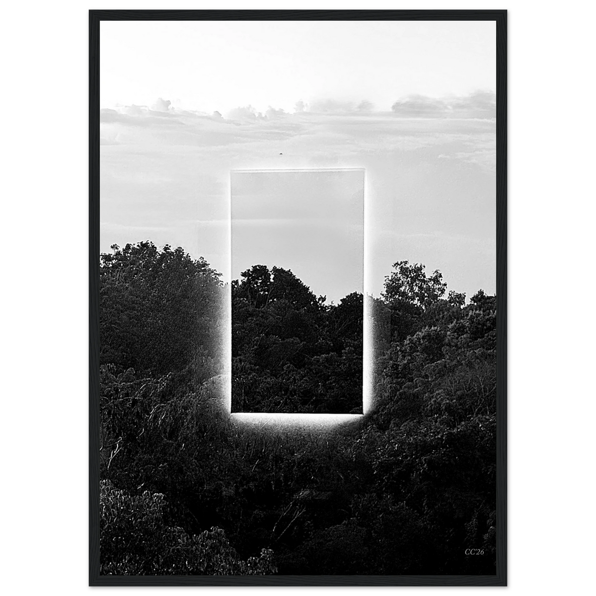 Black and white print titled "A Window into Jungle Stillness" by CaliCuration, showcasing a serene jungle scene.