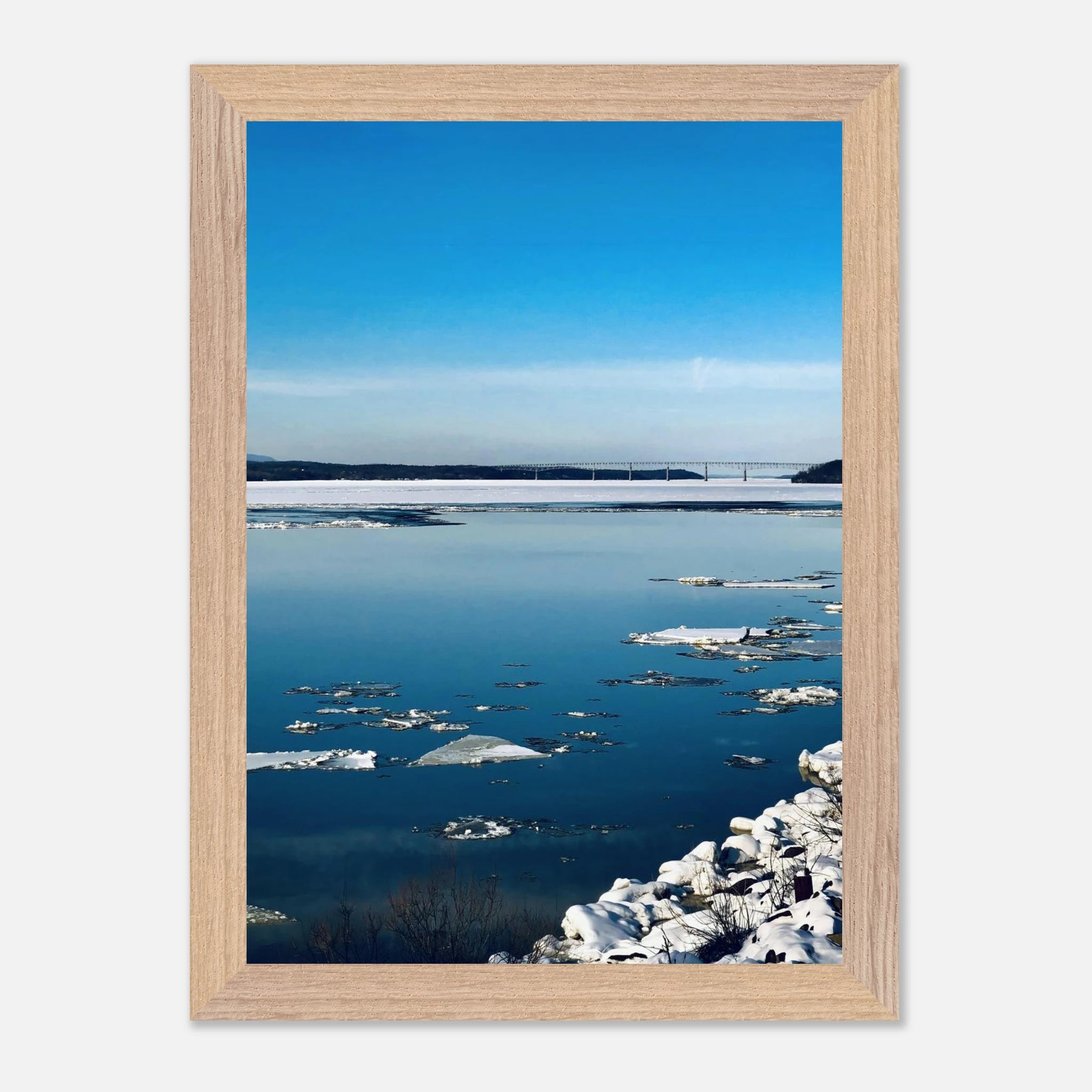 Wooden framed Hudson Valley winter poster print with snowy landscape, part of Studio Edition Holiday 25 travel collection.