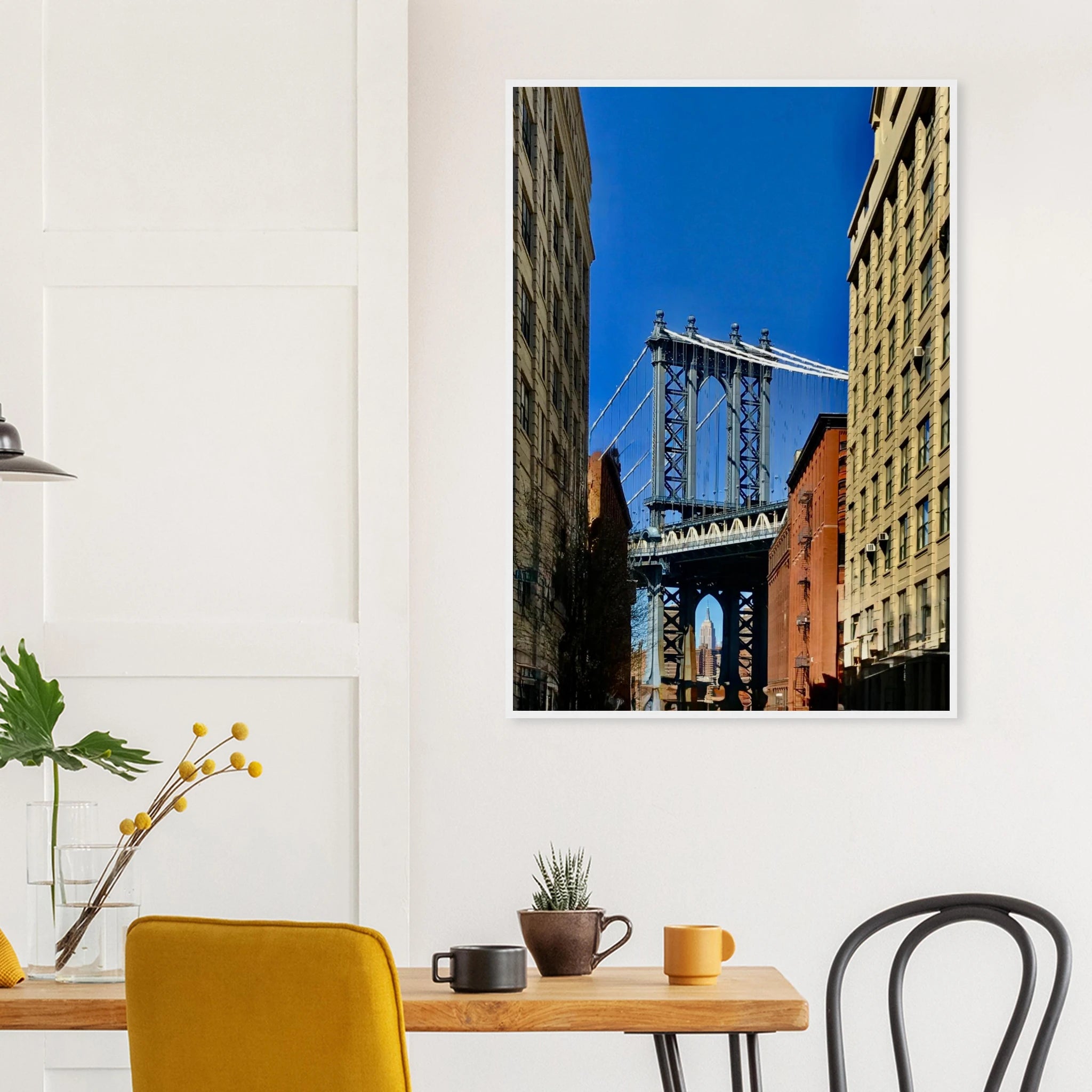 NYC Dumbo skyline wooden framed print by CaliCuration, spring day travel wall art with vibrant cityscape details.