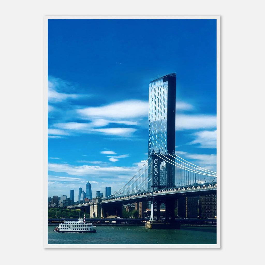 Framed NYC Manhattan Bridge and East River urban photography print, showcasing iconic New York City skyline and bridge details.