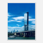 Framed NYC Manhattan Bridge and East River urban photography print, showcasing iconic New York City skyline and bridge details.