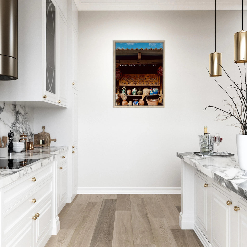 Oaxaca street fair framed canvas print by CaliCuration, showcasing vibrant Mexican street scene in travel collection artwork.