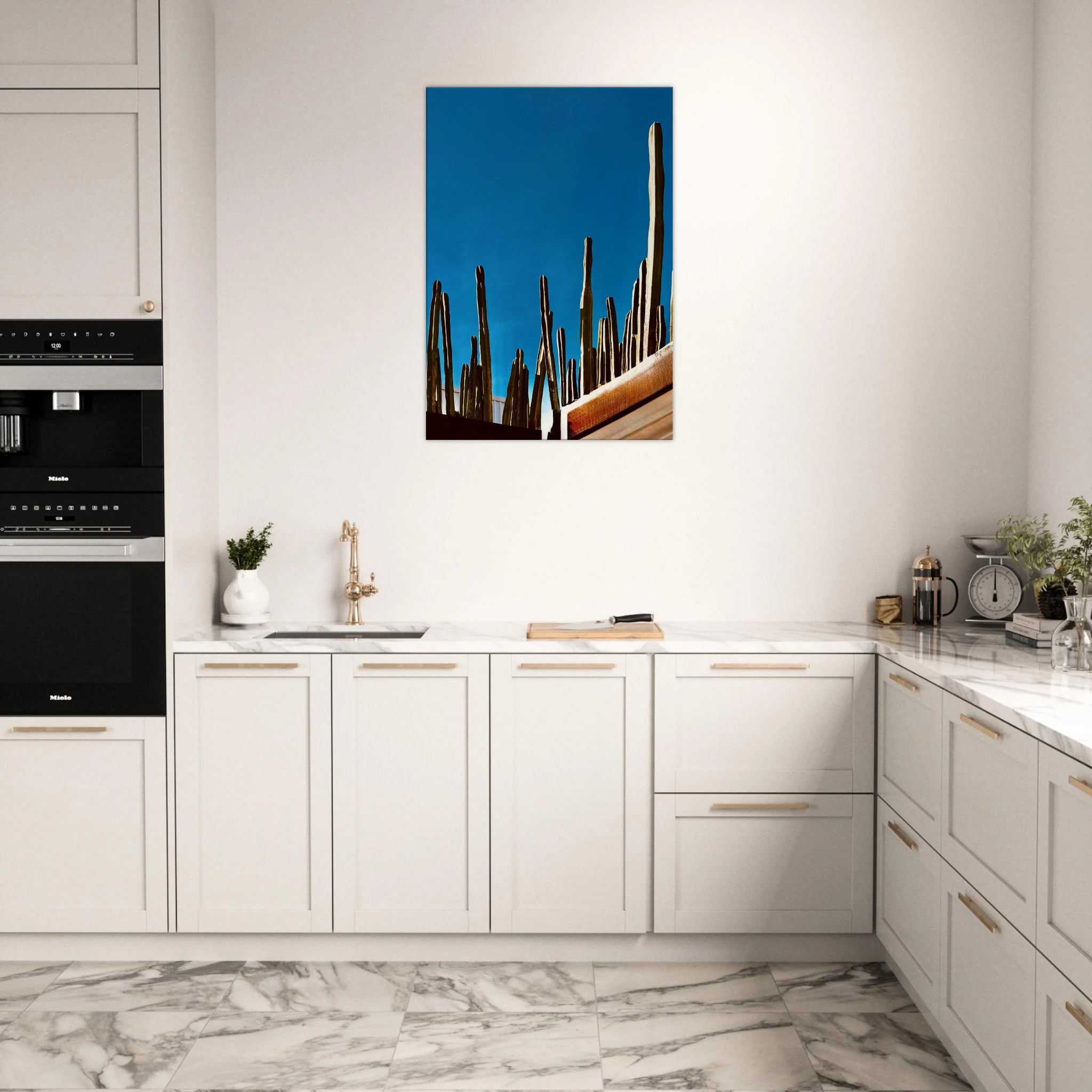 Canvas print of a cactus family scene on a rooftop, part of the Mexico travel collection by My Store, featuring vibrant desert plants.