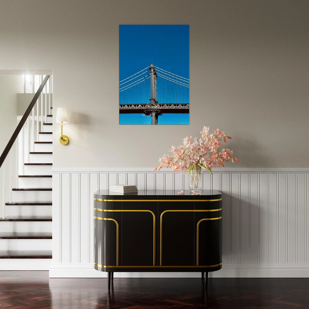 Sunny Winter Day canvas print featuring Manhattan Bridge NYC, showcasing vibrant travel-inspired art for home decor.