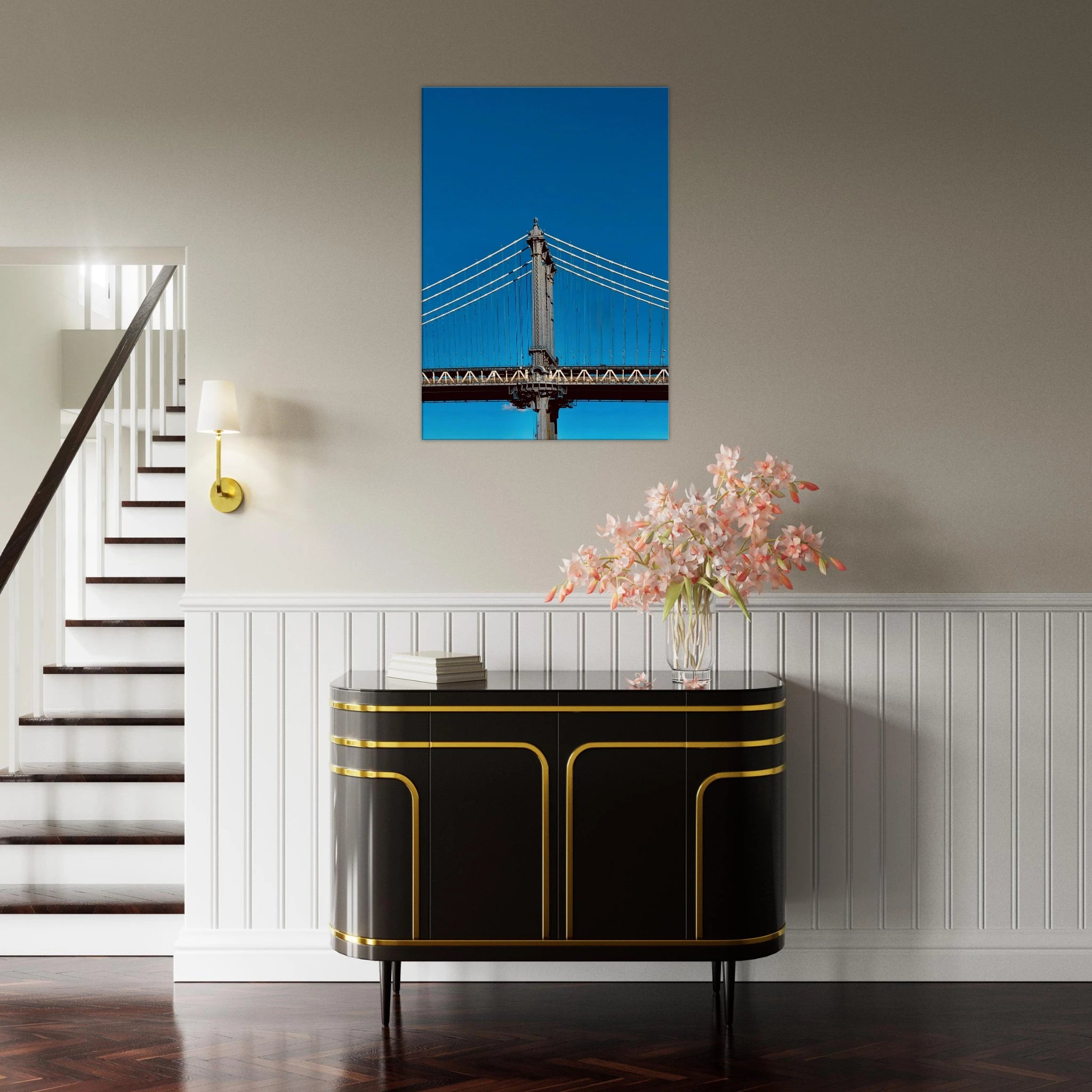 Sunny Winter Day canvas print featuring Manhattan Bridge NYC, showcasing vibrant travel-inspired art for home decor.