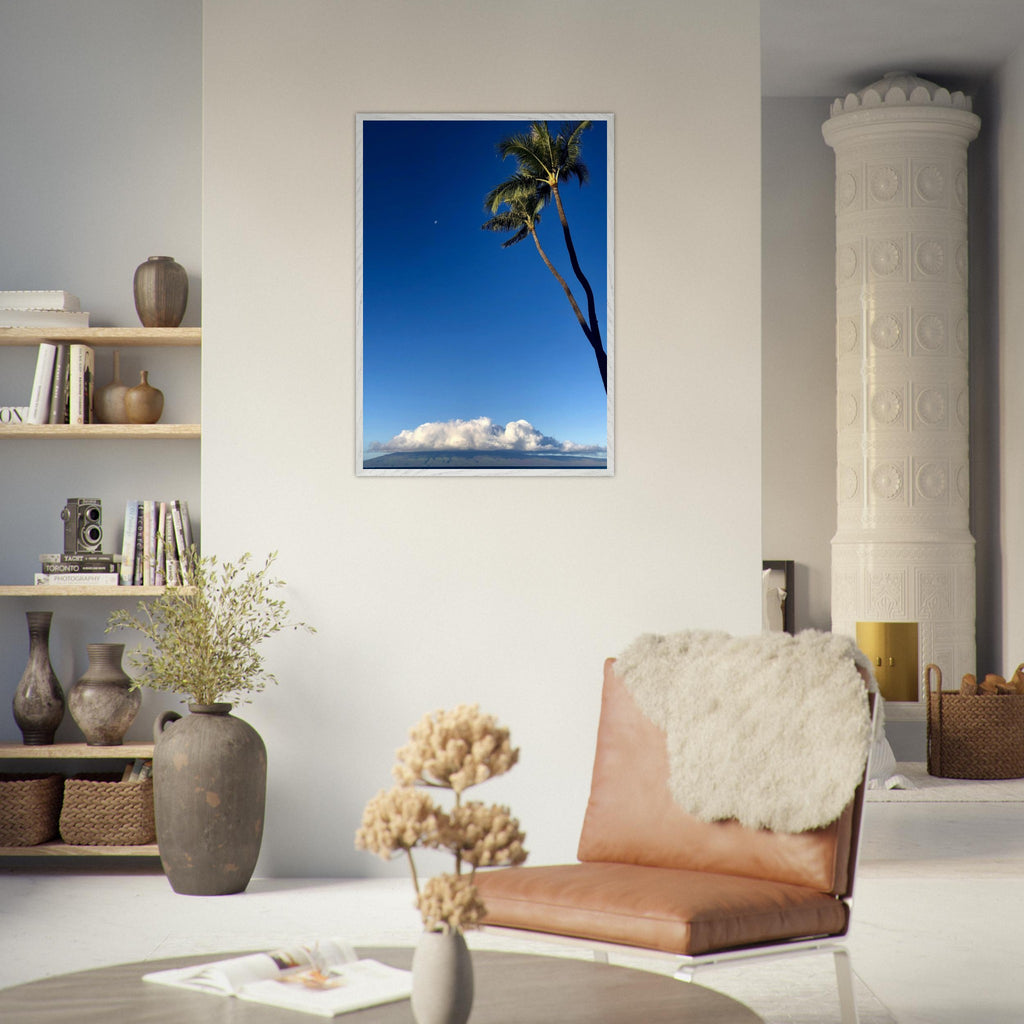 Hawaii Volcano Clouds and Pacific Scene framed poster from CaliCuration's travel collection, featuring vibrant volcanic landscape and ocean views.
