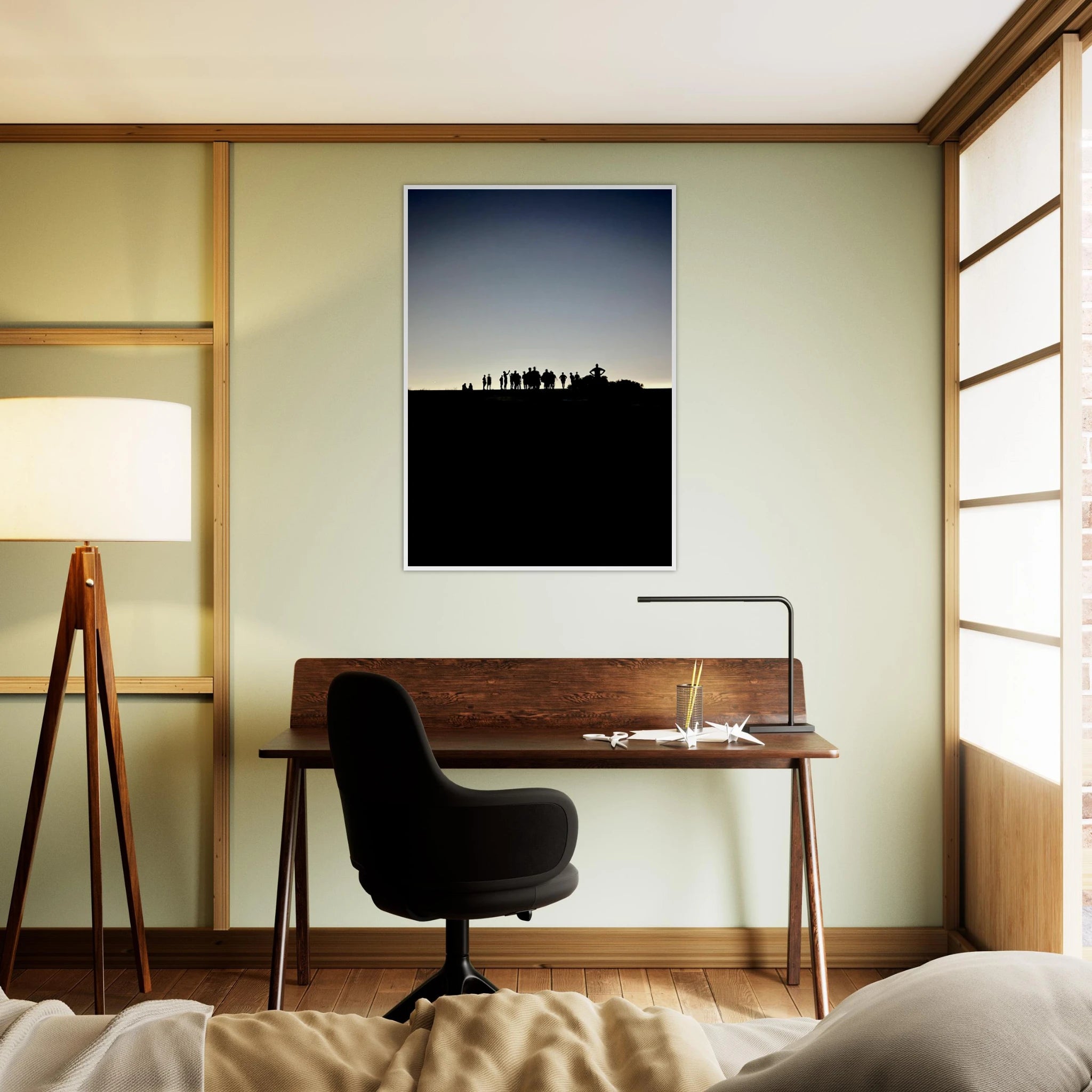 Black and white framed poster of Hollywood Hills at sunset, featuring city lights, from the Summer Hike series by My Store.