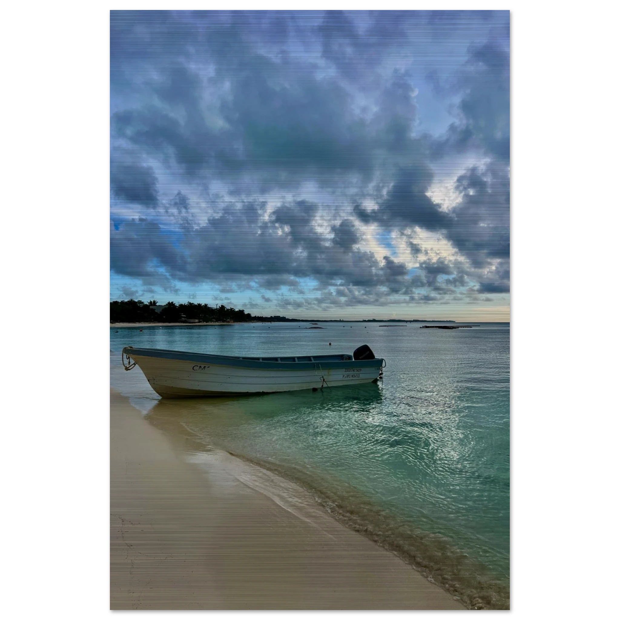 Brushed aluminum print of Idyllic Tulum Fisherboat scene from CaliCuration's Calm Caribbean Beach art travel collection.