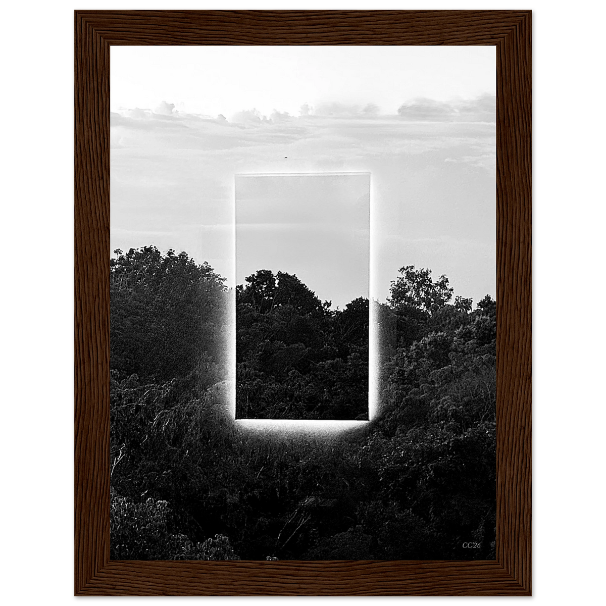 Black and white print titled "A Window into Jungle Stillness" by CaliCuration, showcasing a serene jungle scene.