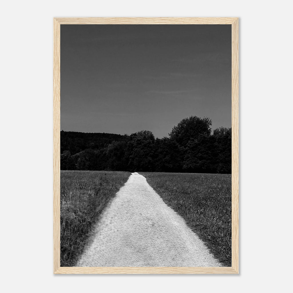 Black and white framed poster of a summer road scene from the Travel Collection, printed on premium semi-glossy paper.