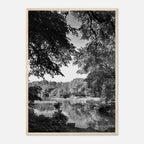 Black and white framed poster of a summer lake scene in Upstate NY from the Studio Edition Travel Collection, ideal for home decor.