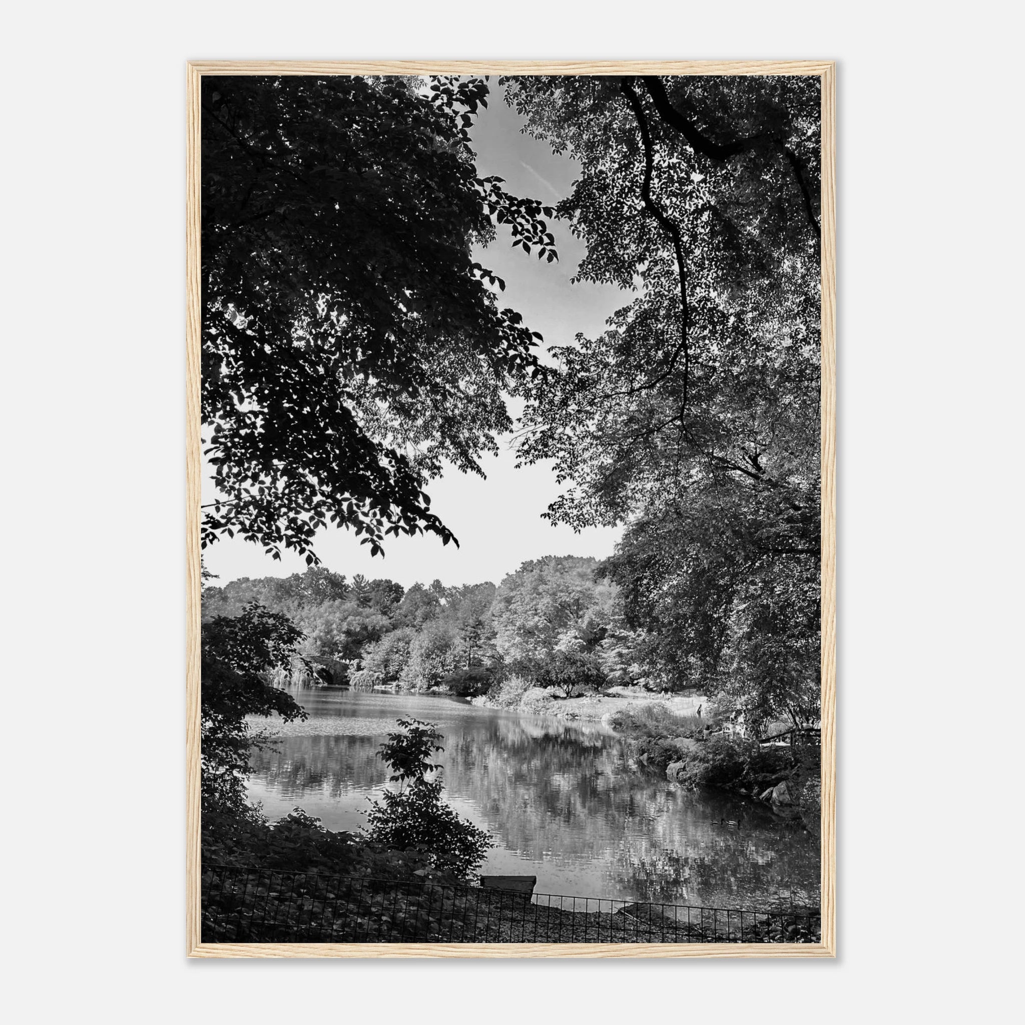 Black and white framed poster of a summer lake scene in Upstate NY from the Studio Edition Travel Collection, ideal for home decor.