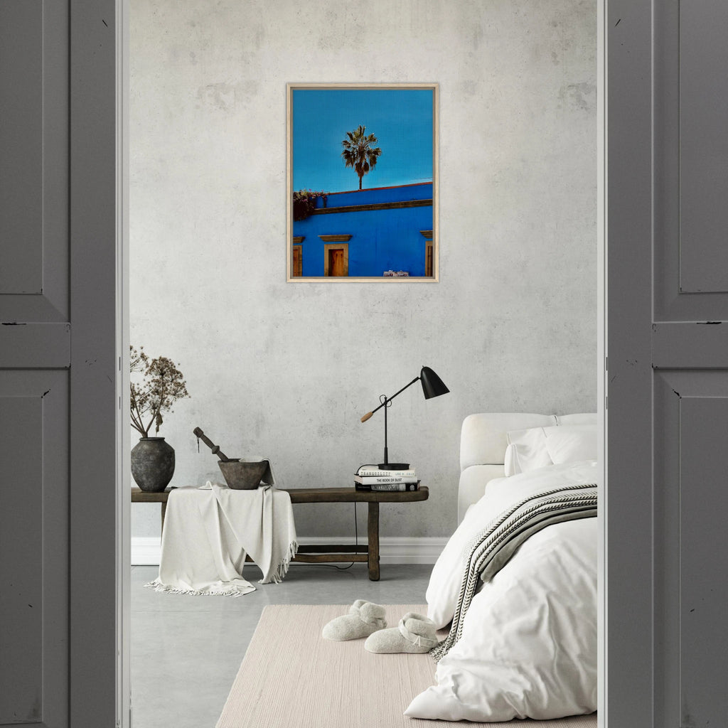 Oaxaca streets scene with palm trees in blue framed canvas artwork by CaliCuration, vibrant travel collection print artwork.