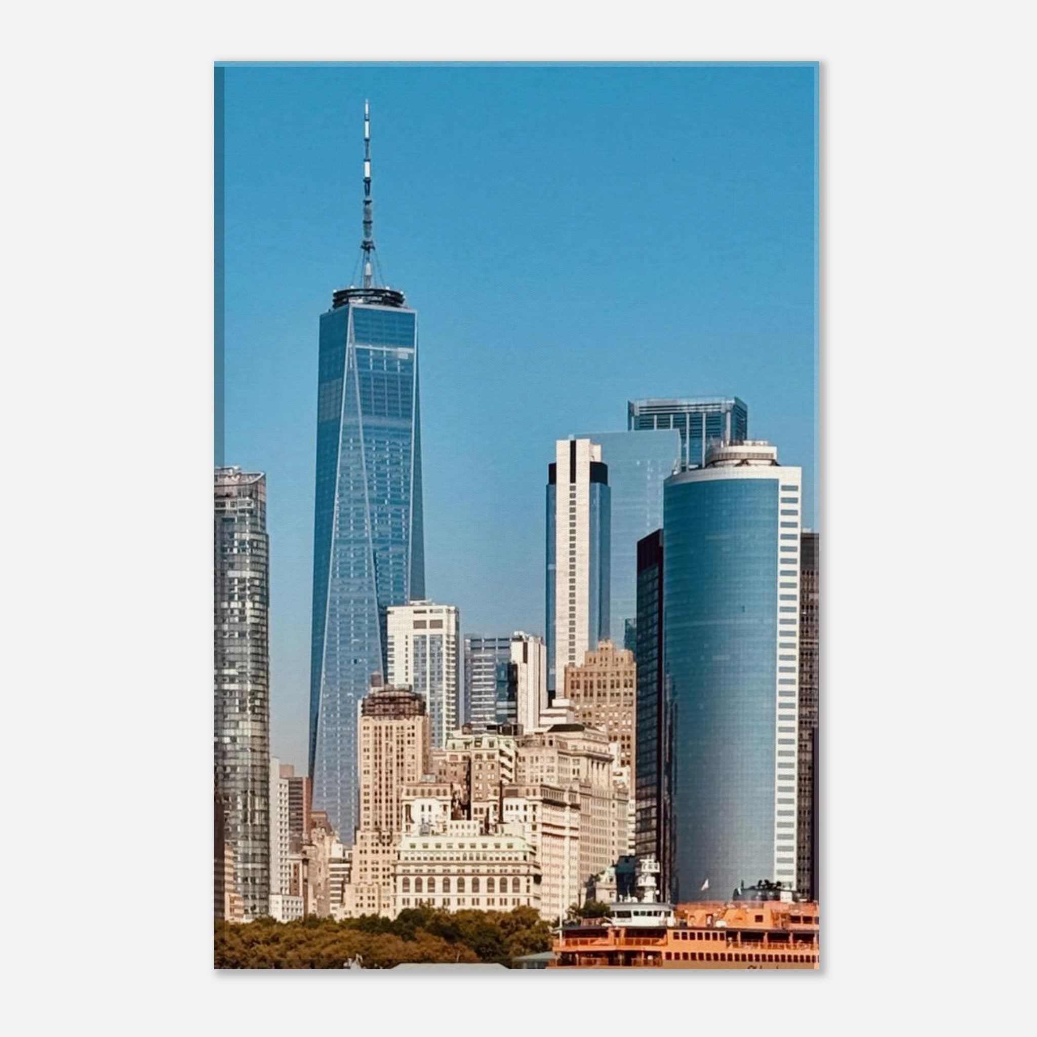NYC skyline canvas print featuring the World Trade Center and Staten Island Ferry, part of the Studio Edition travel collection.