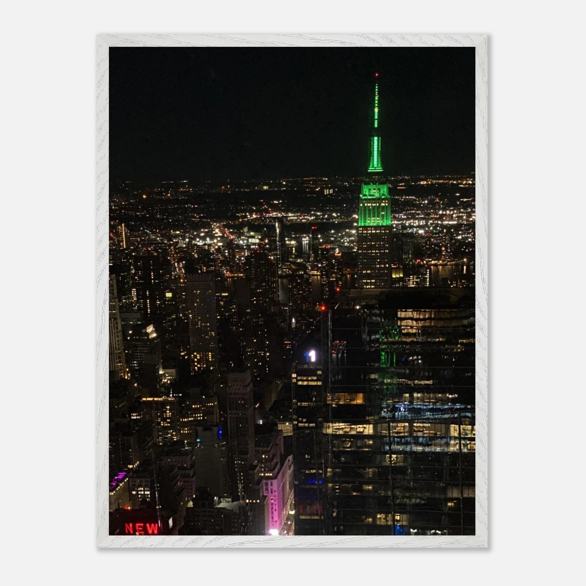 Wood mounted framed poster of iconic NYC Downtown Night View with Empire State Building, part of Studio Edition Travel Collection.