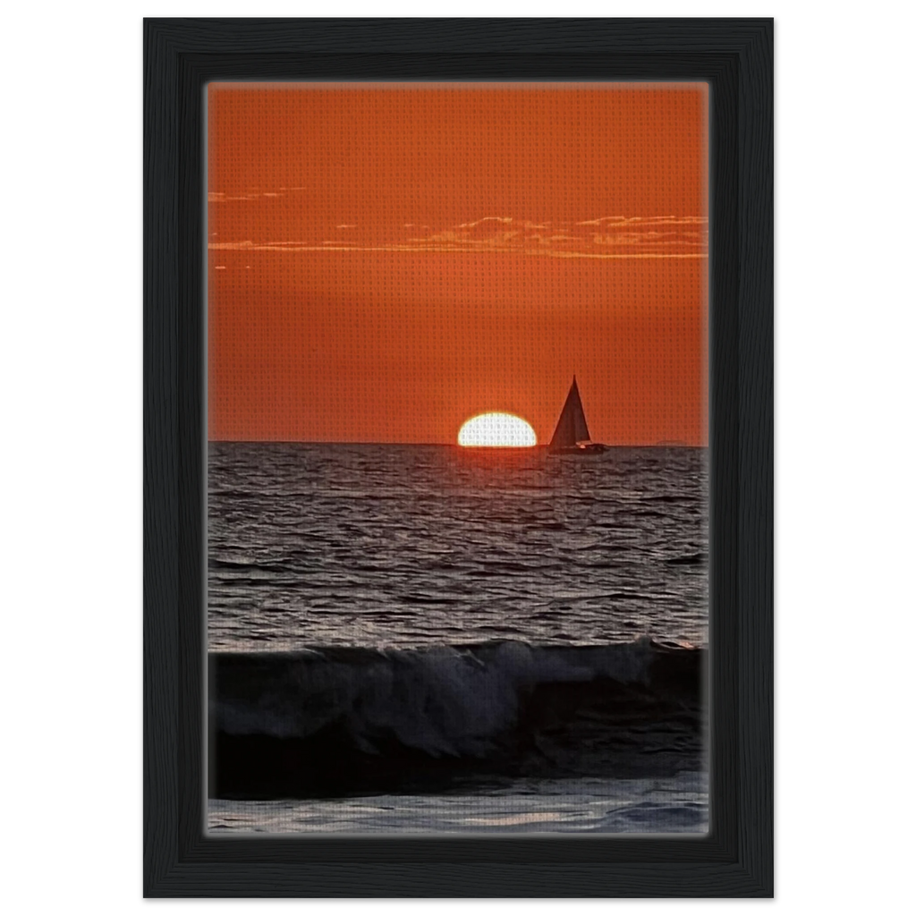 Southern California Red Sunset framed canvas print by CaliCuration, showcasing a vibrant sunset scene with warm red and orange hues.