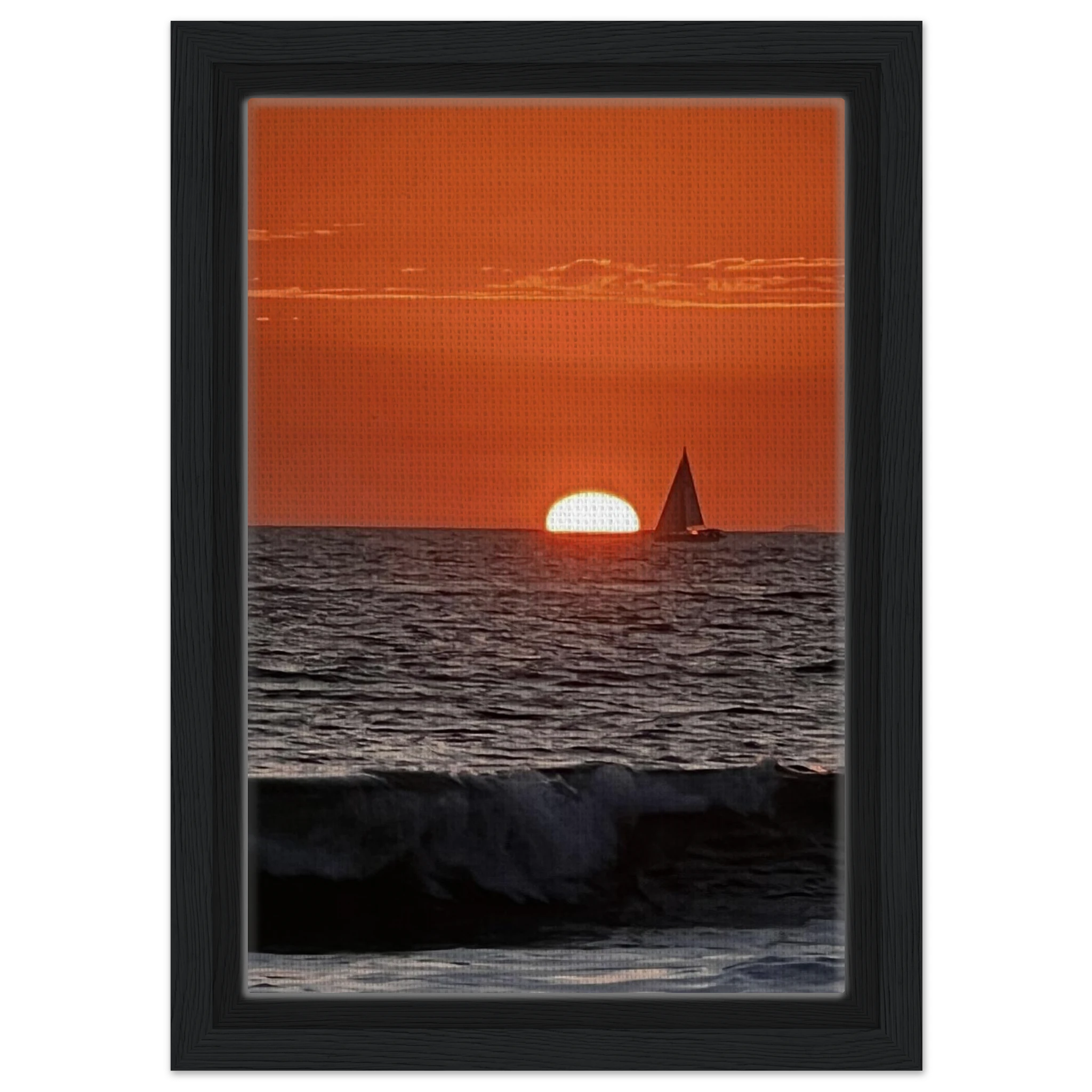 Wooden framed canvas print of California Red Sunset Series 4/4 by CaliCuration, showcasing vibrant red hues in a captivating sunset scene.