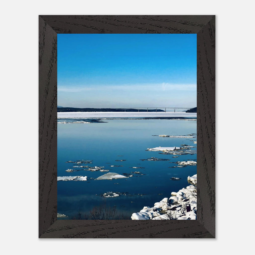 Wooden framed Hudson Valley winter poster print by My Store, featuring snowy landscape and holiday travel vibes.