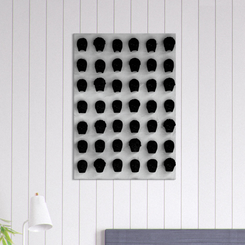 Black and white monochrome skull grid canvas wall art, minimalist abstract photography print for modern interior decor.