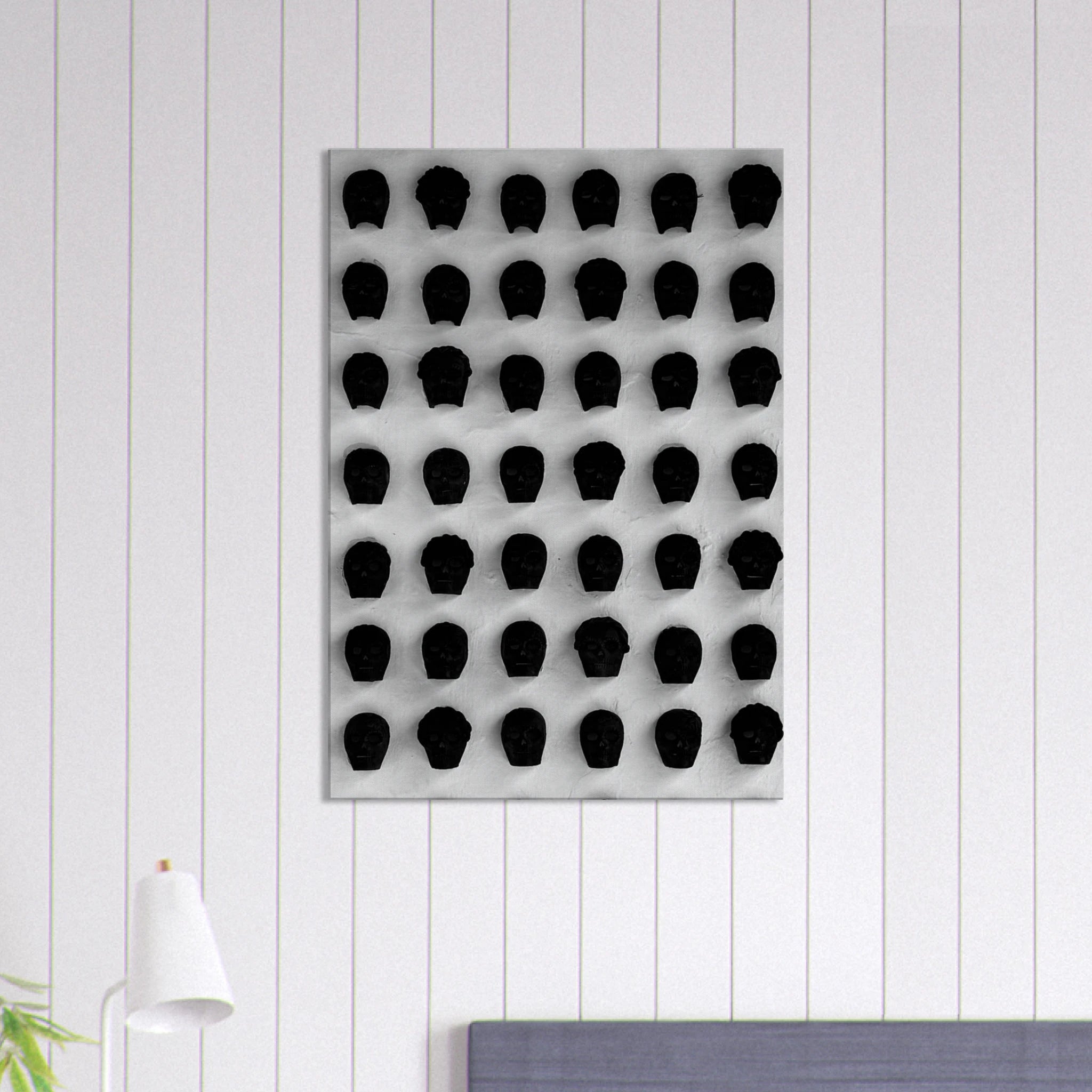 Black and white monochrome skull grid canvas wall art, minimalist abstract photography print for modern interior decor.