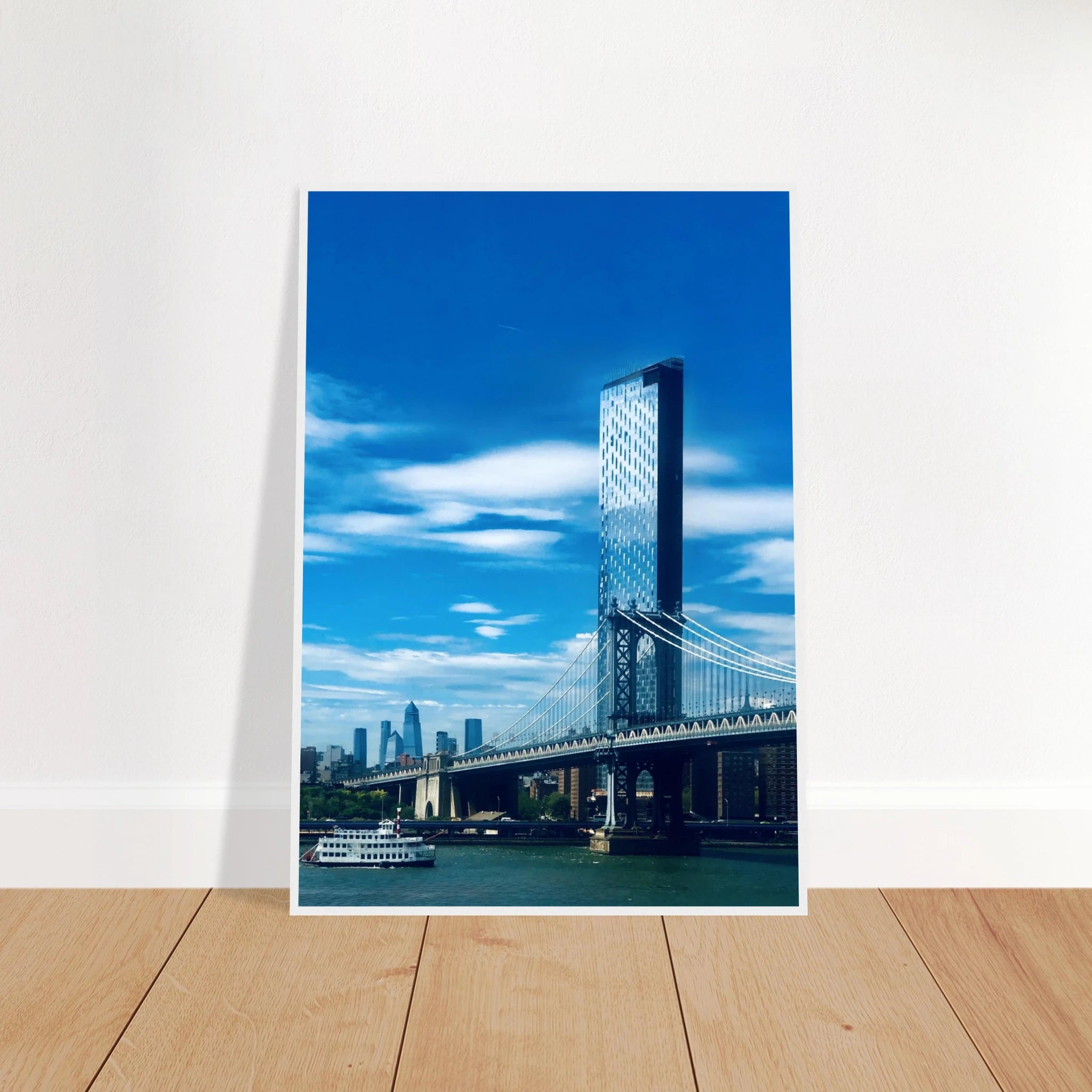 Framed NYC Manhattan Bridge and East River urban photography print, showcasing iconic New York City skyline and bridge details.
