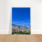 Premium wooden framed poster of a sunny fall day in Palm Springs, California, featuring vibrant colors and scenic landscape art.