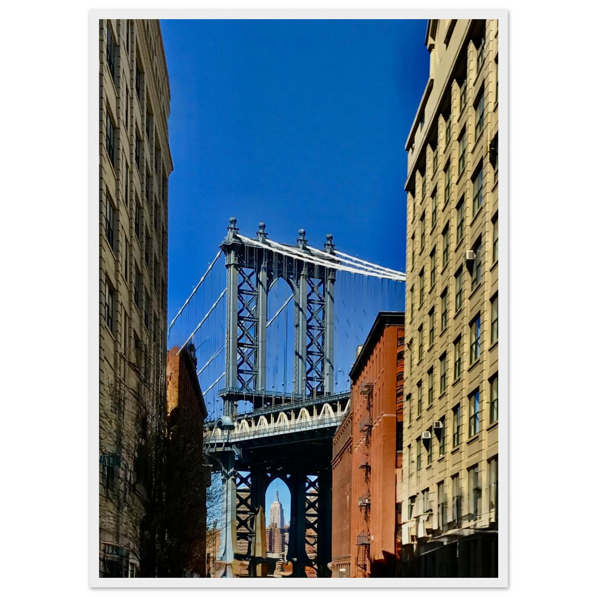 NYC Dumbo skyline wooden framed print by CaliCuration, featuring spring day cityscape wall art from the Travel Collection.