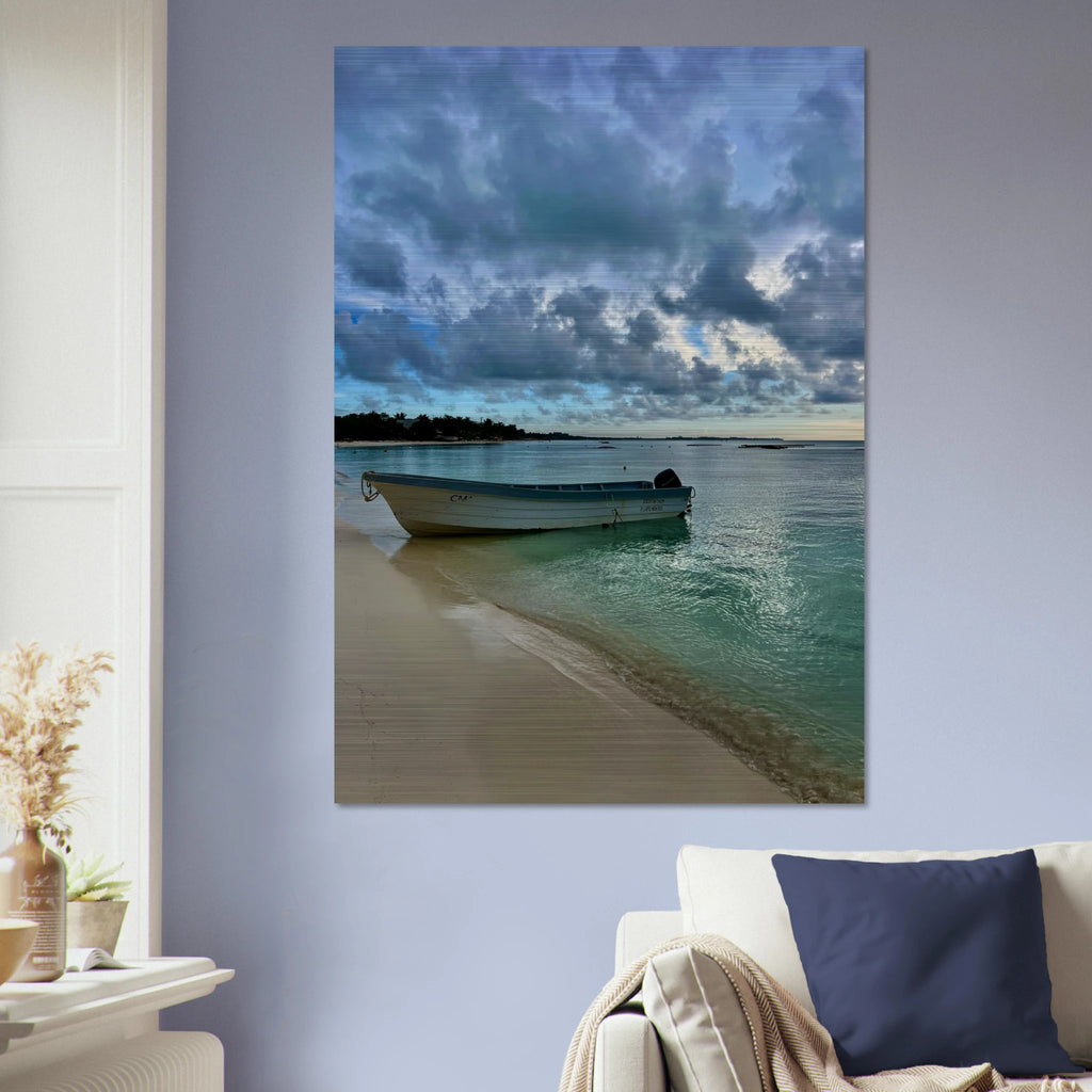 Brushed aluminum print of Tulum fisherboat and calm Caribbean beach scene by CaliCuration from the Travel Collection.